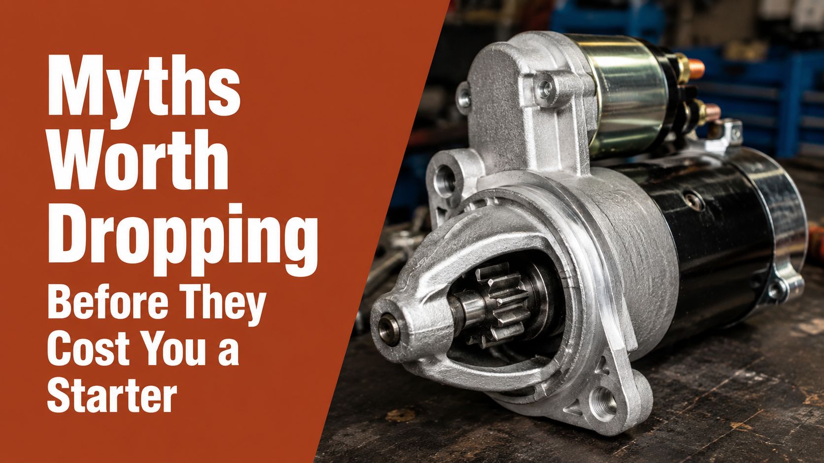 A professional automotive starter motor sitting on a workbench in a mechanic's repair shop environment.