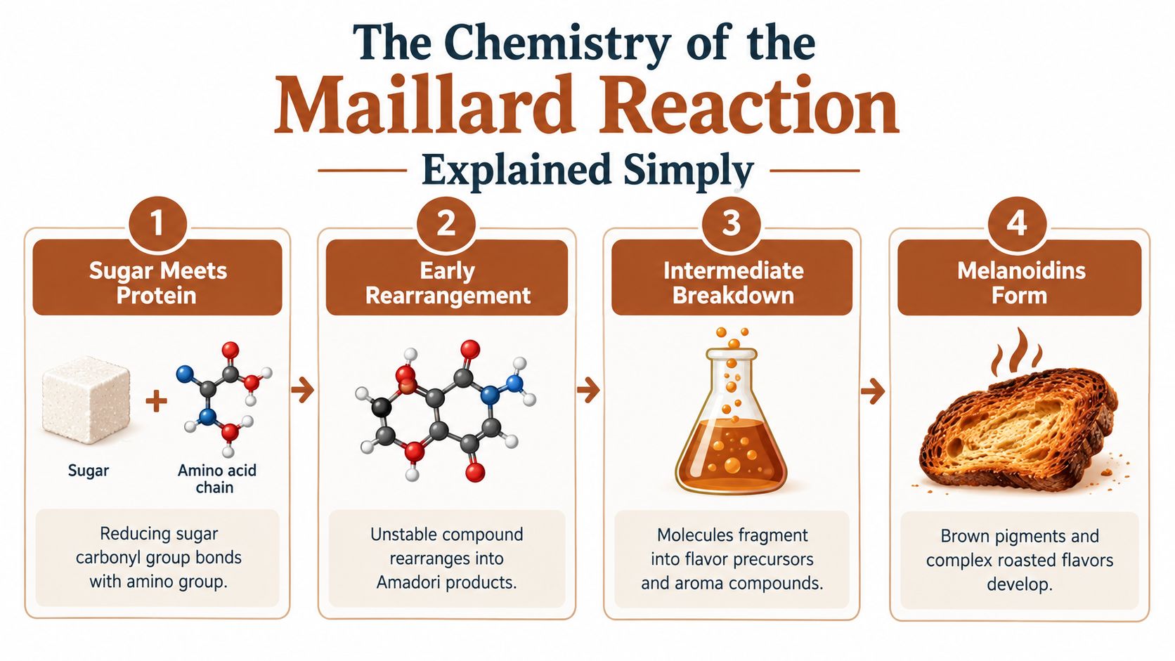 A four-step infographic illustrating the chemical Maillard reaction process from sugar and protein to browned bread.