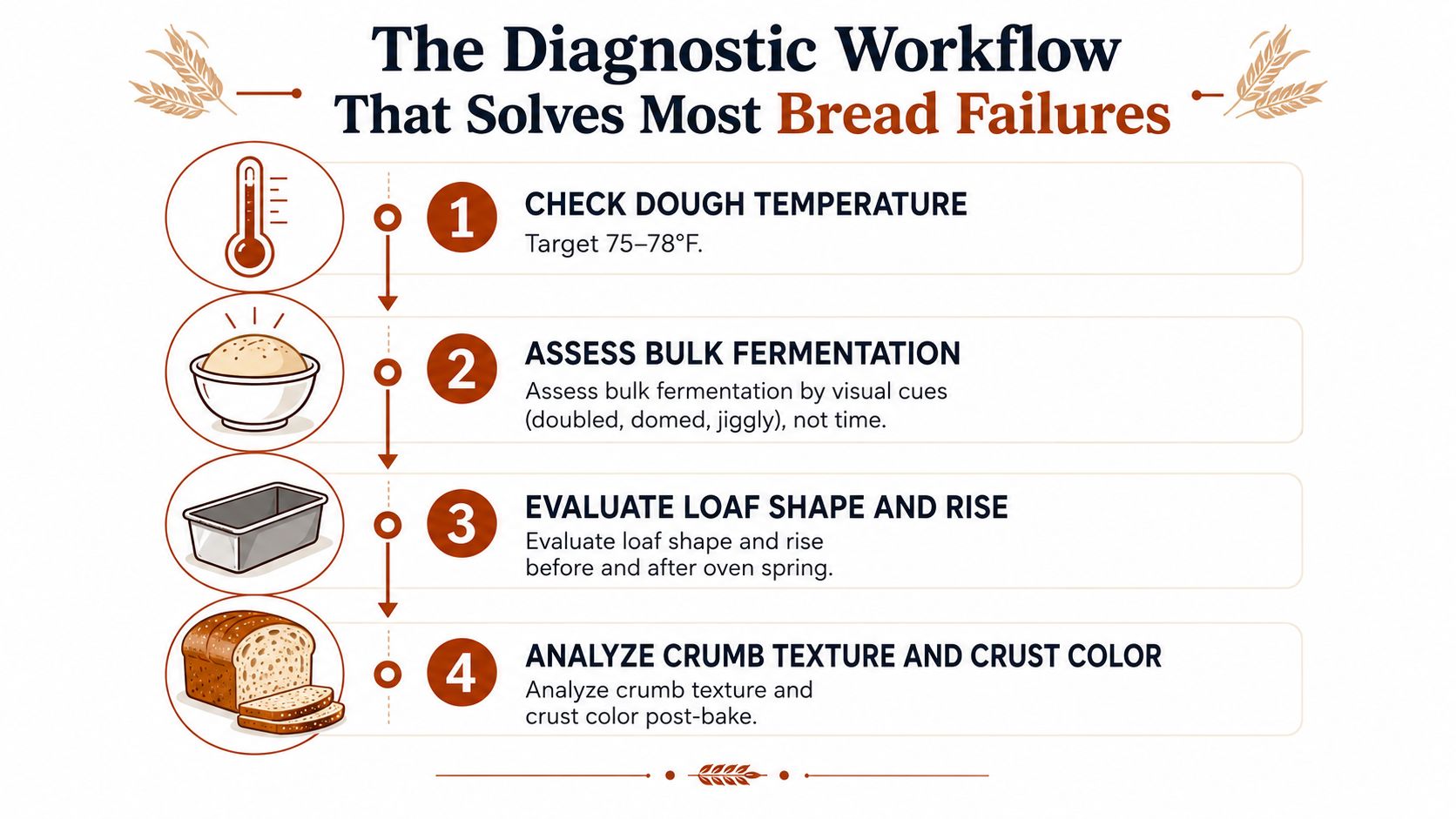 A four-step diagnostic workflow infographic for troubleshooting common bread failures during the baking process.