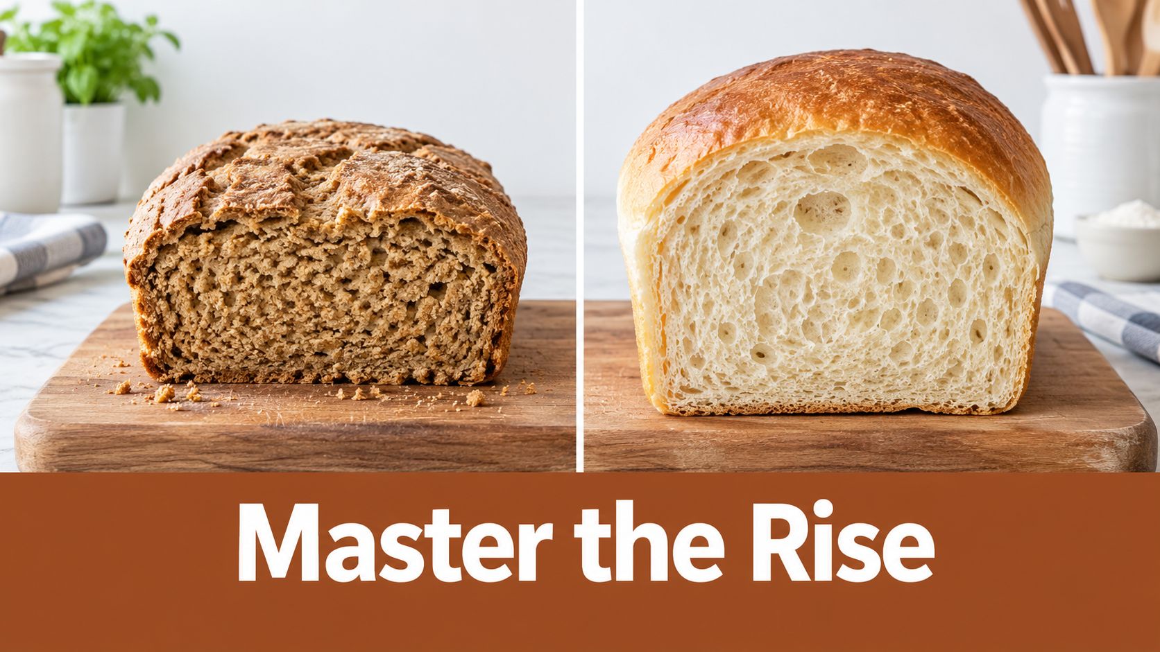 A side-by-side comparison of a dense loaf and a fluffy, airy loaf of baked bread.