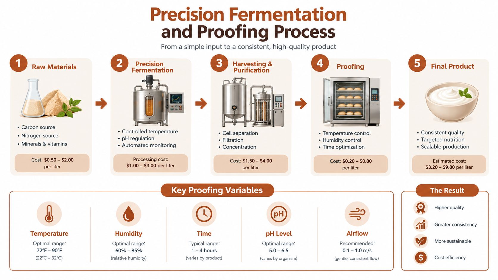 A detailed infographic illustrating the five-step precision fermentation and proofing process for consistent food production.