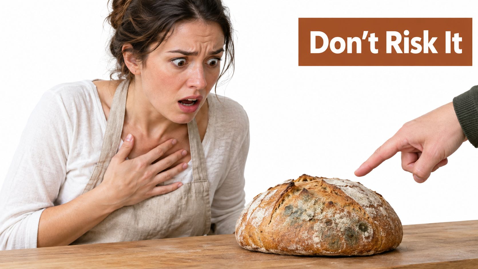 A shocked woman looking at a loaf of bread covered in mold on a wooden table.
