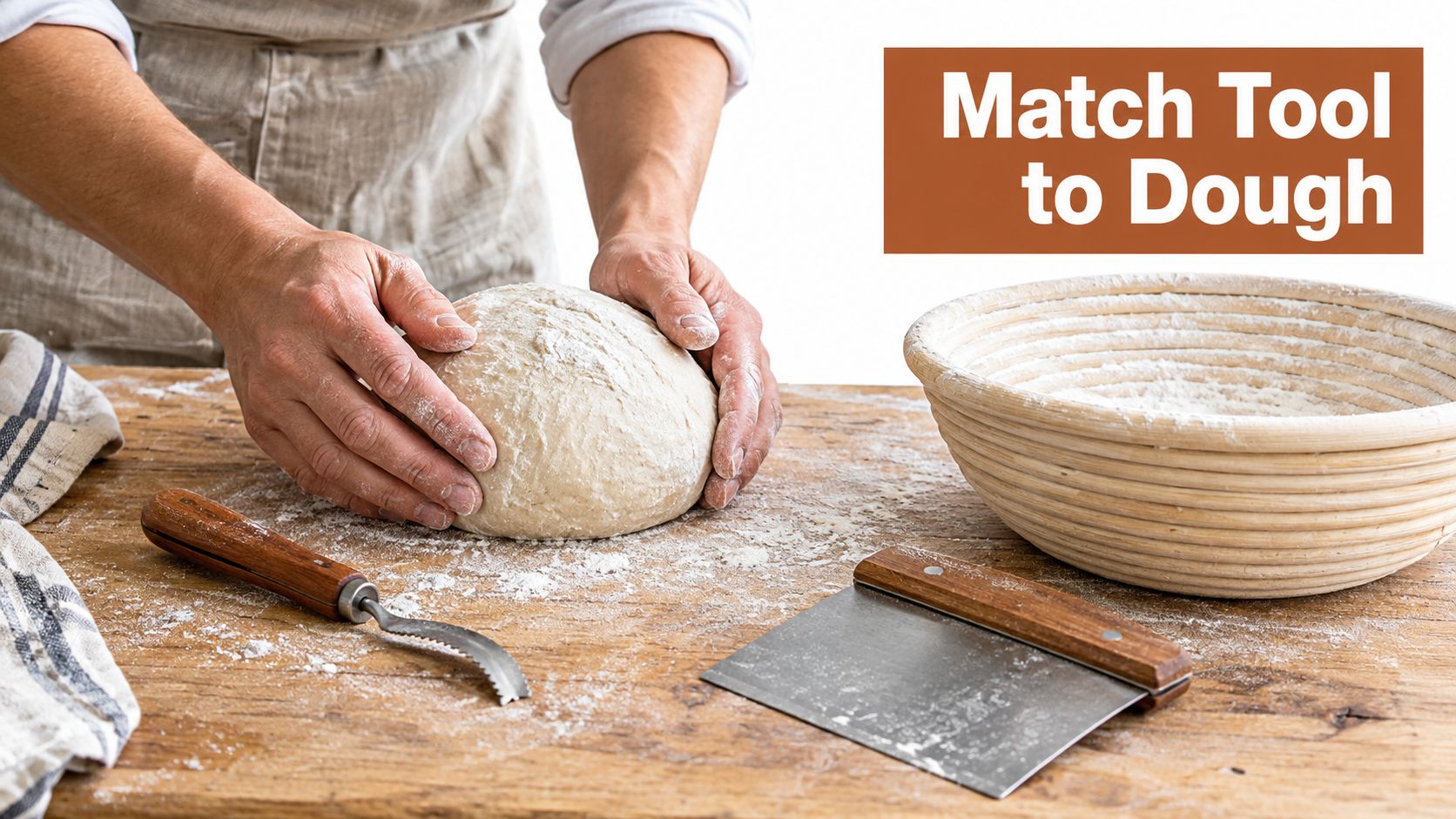 A baker shaping sourdough dough on a wooden table next to a proofing basket and baking tools.