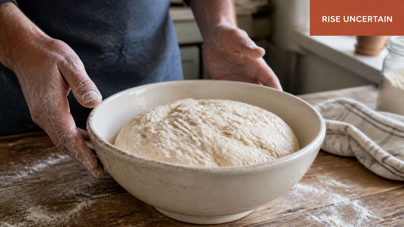 A person with floured hands holding a ceramic bowl containing fresh, proofing bread or pizza dough.