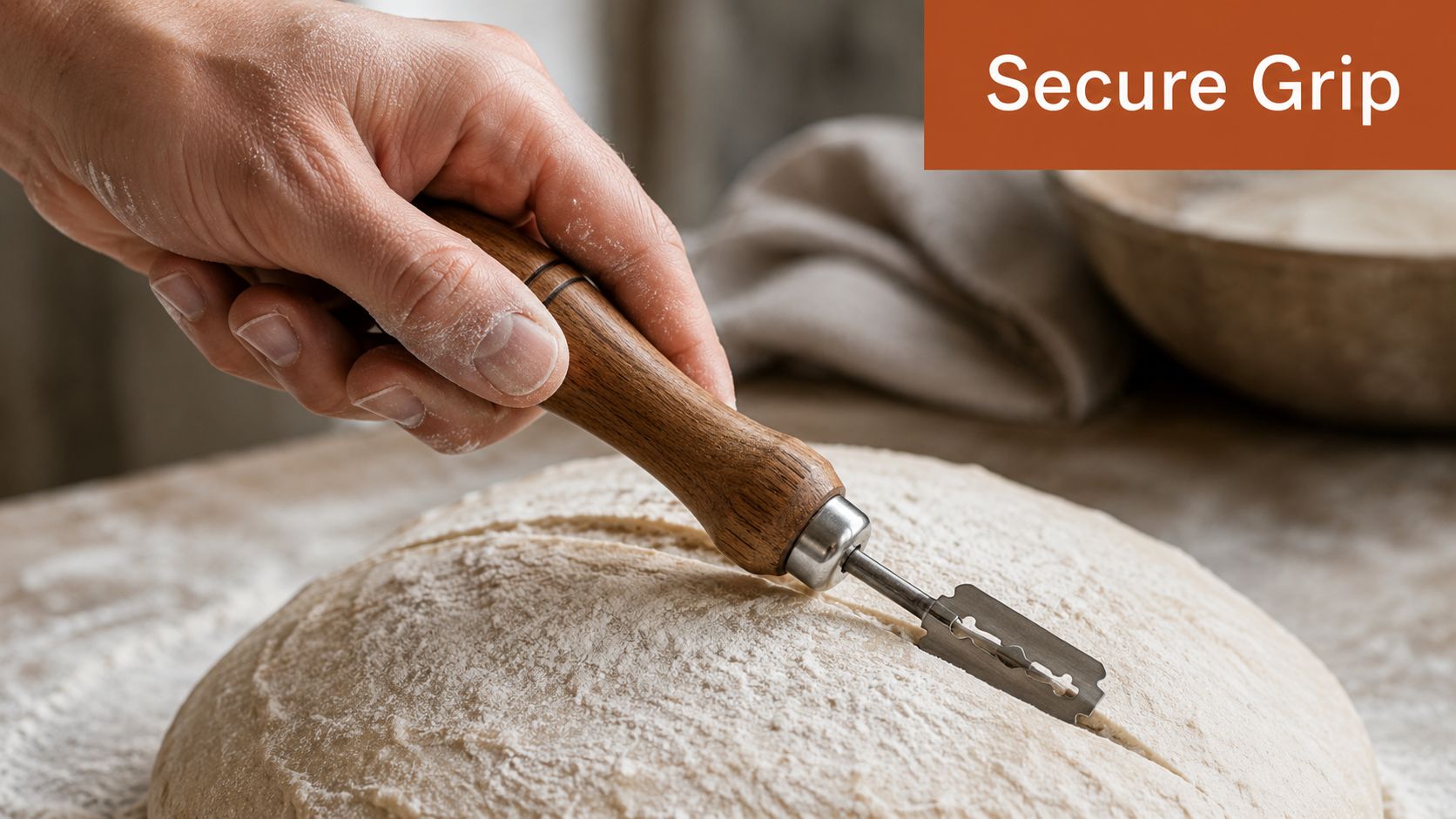 A hand holds a wooden handled bread lame scoring a round loaf of sourdough bread on a table.