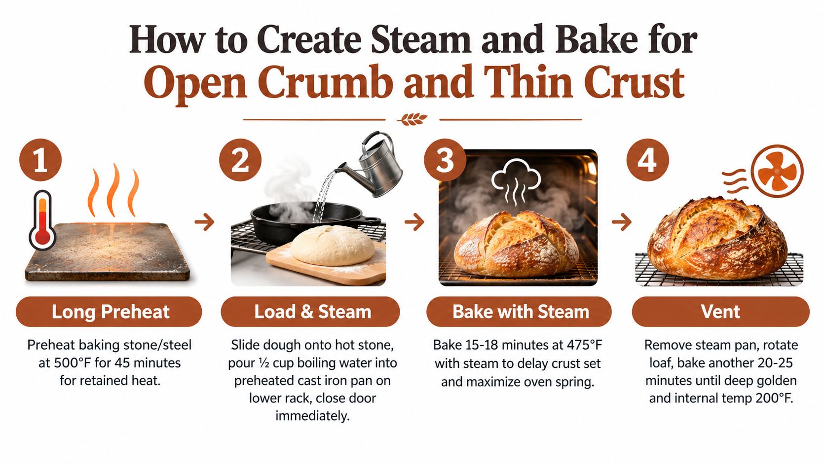 A four-step infographic illustrating how to create steam and bake artisan bread for an open crumb.