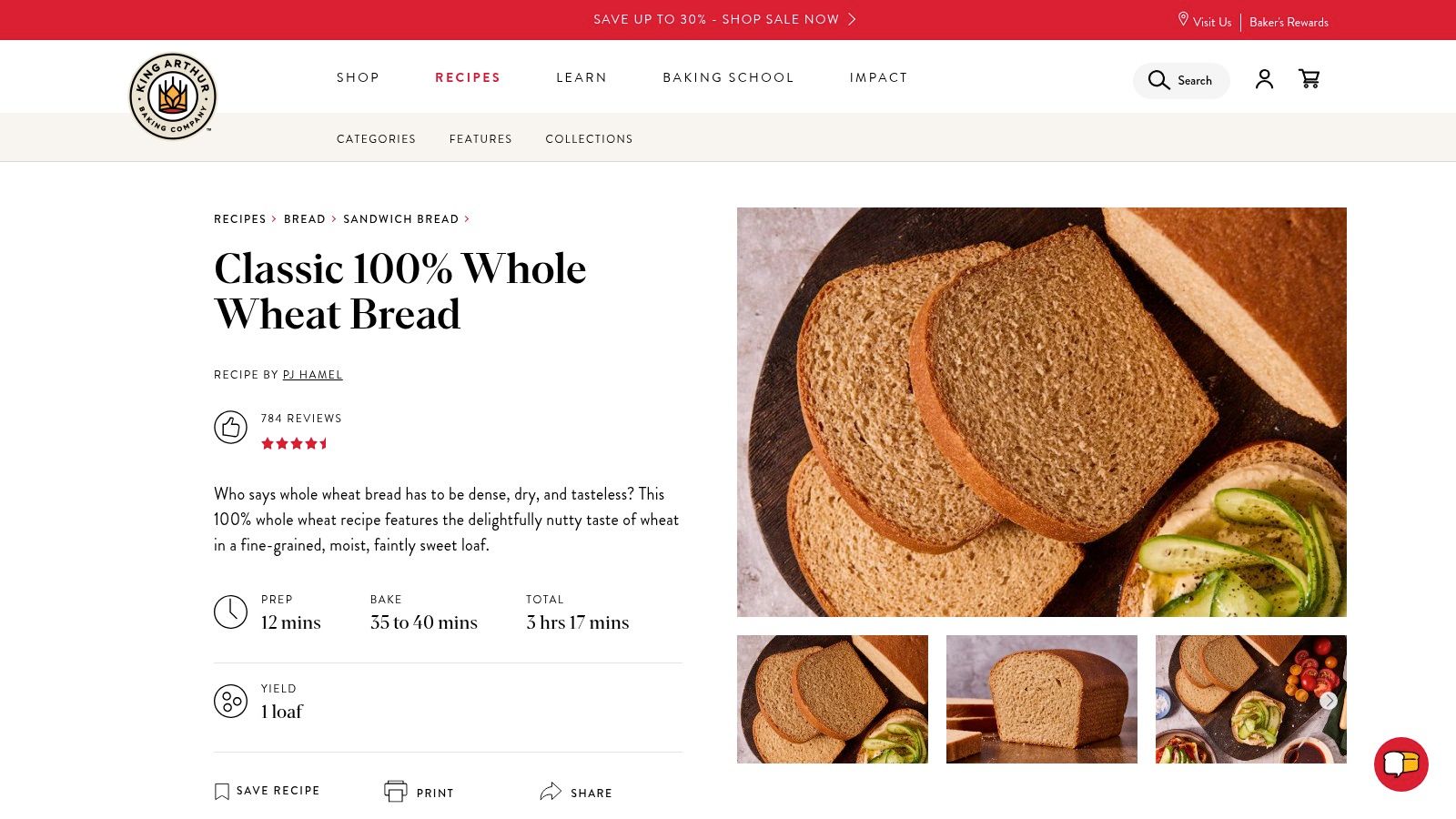 King Arthur Baking – Classic 100% Whole Wheat Bread