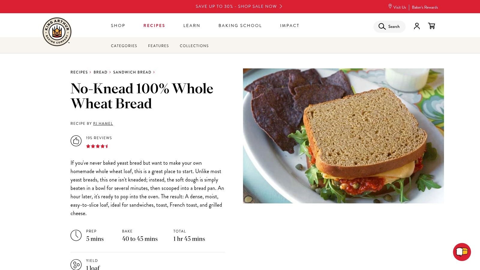 King Arthur Baking – No-Knead 100% Whole Wheat Bread