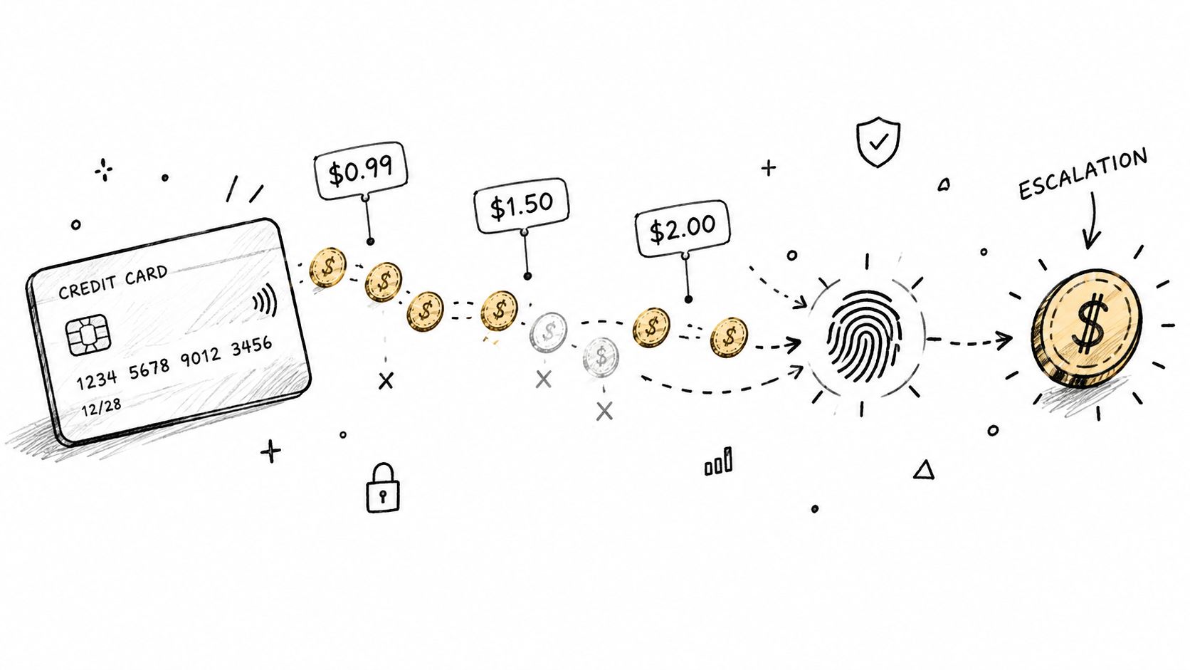 A conceptual illustration showing credit card payments escalating into larger dollar amounts after biometric authentication.