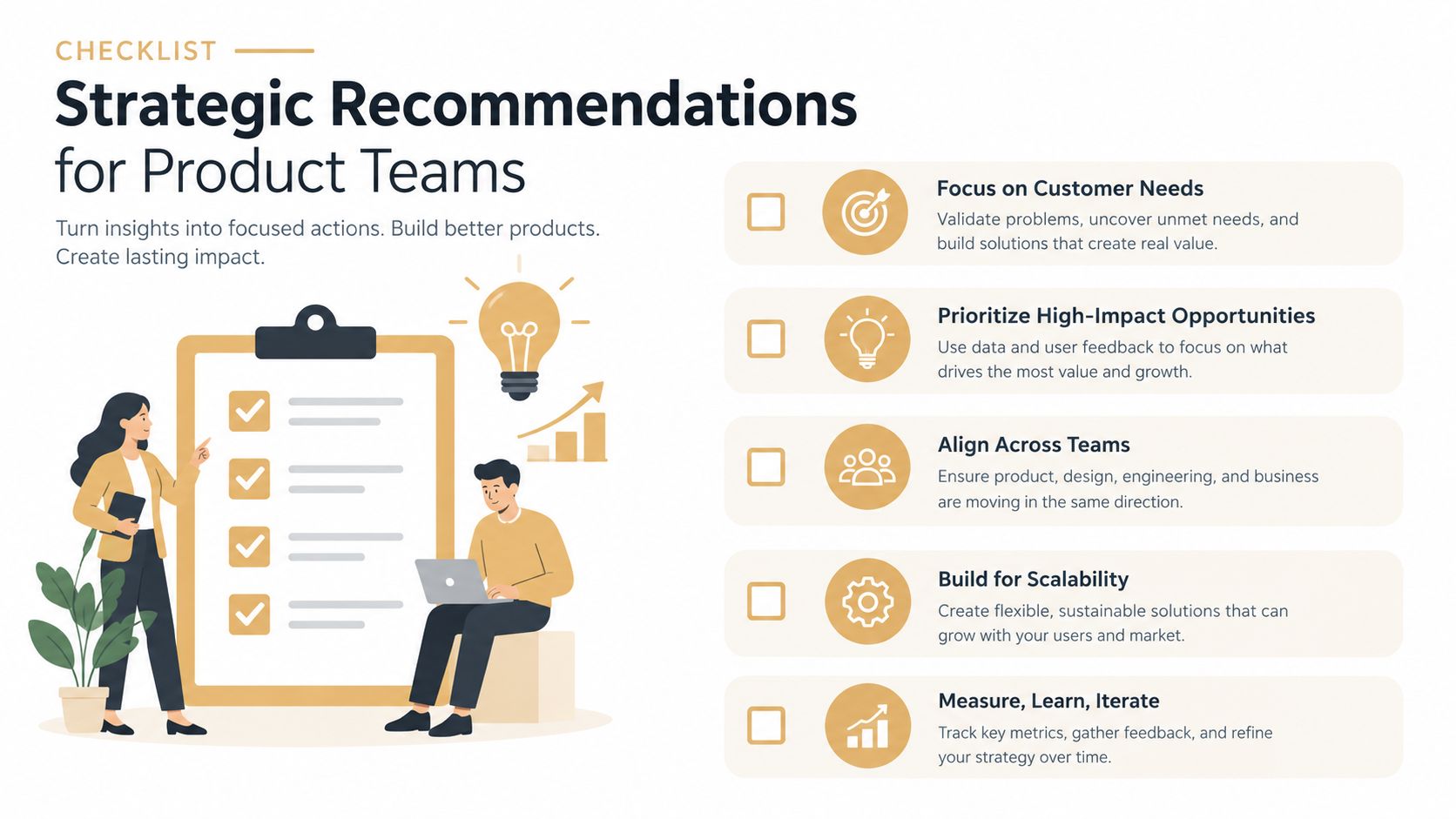 A professional illustration of a checklist for product teams with five strategic recommendations for business success.