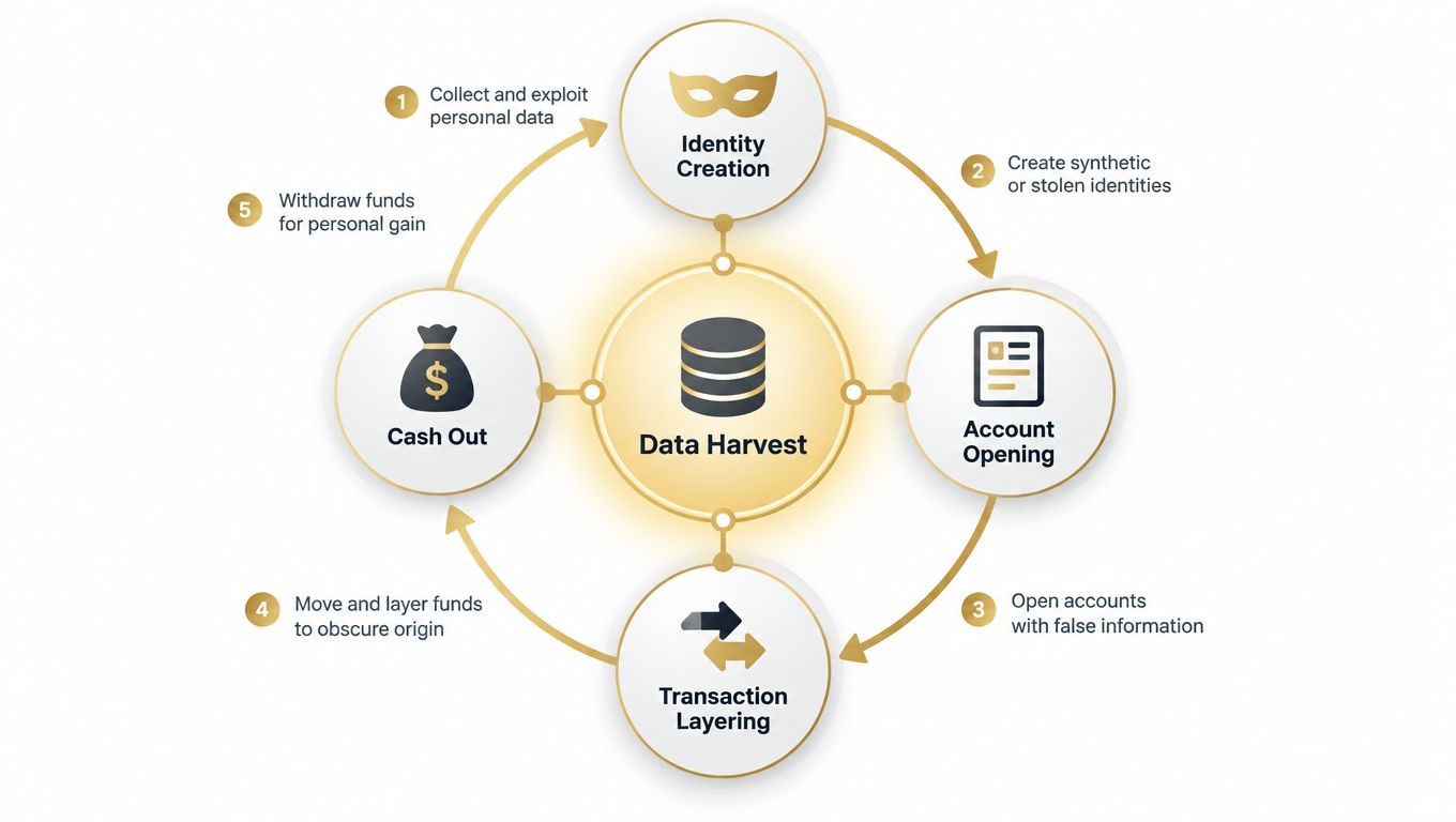 A circular diagram illustrating the five-step process of financial fraud, from data harvesting to cashing out.