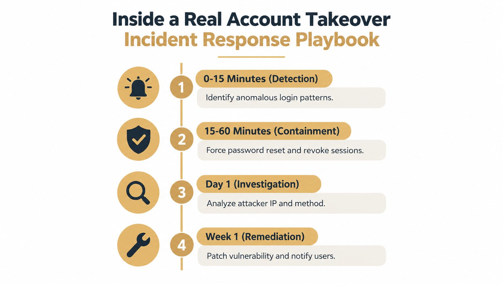 A four-step incident response playbook infographic detailing the timeline for managing and resolving a customer account takeover.