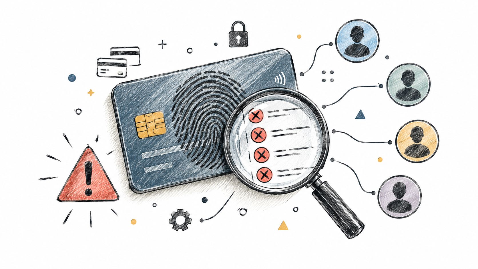 A hand-drawn illustration depicting a credit card with a fingerprint, a magnifying glass, and user profiles.