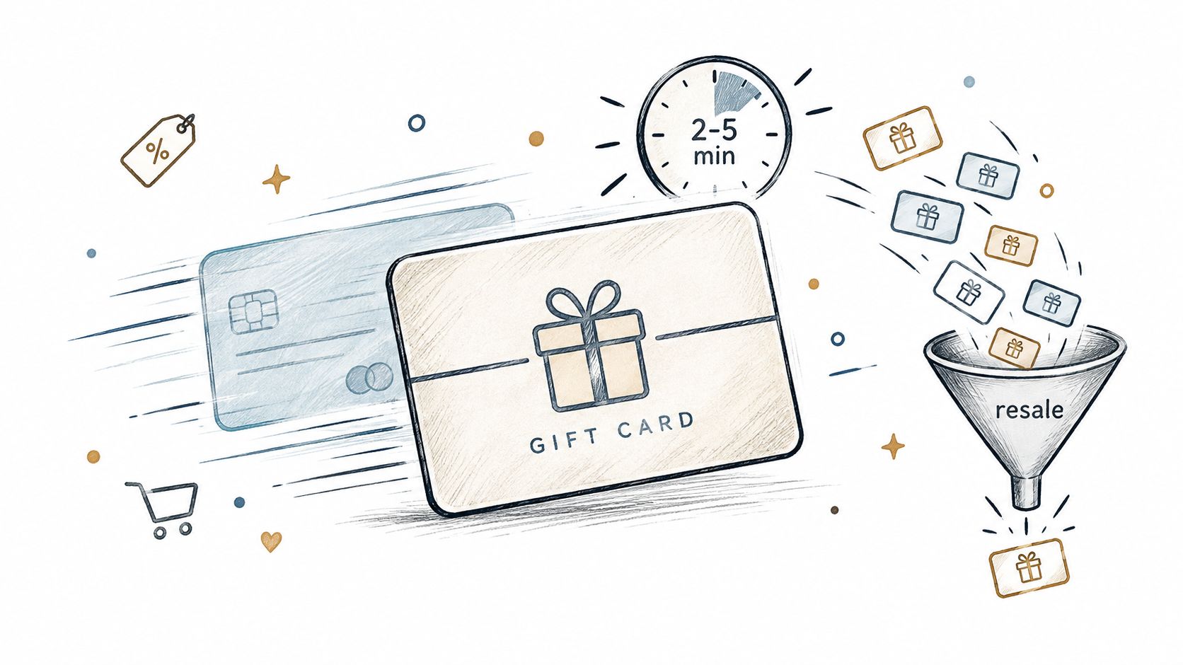 A digital illustration showing a credit card converting into gift cards through a funnel for resale.