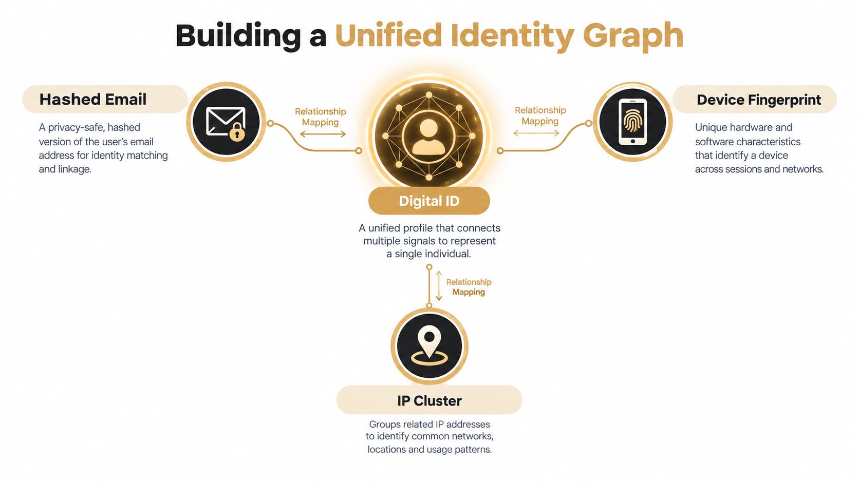 A diagram illustrating how identity signals like hashed emails, device fingerprints, and IP clusters form a unified identity graph.