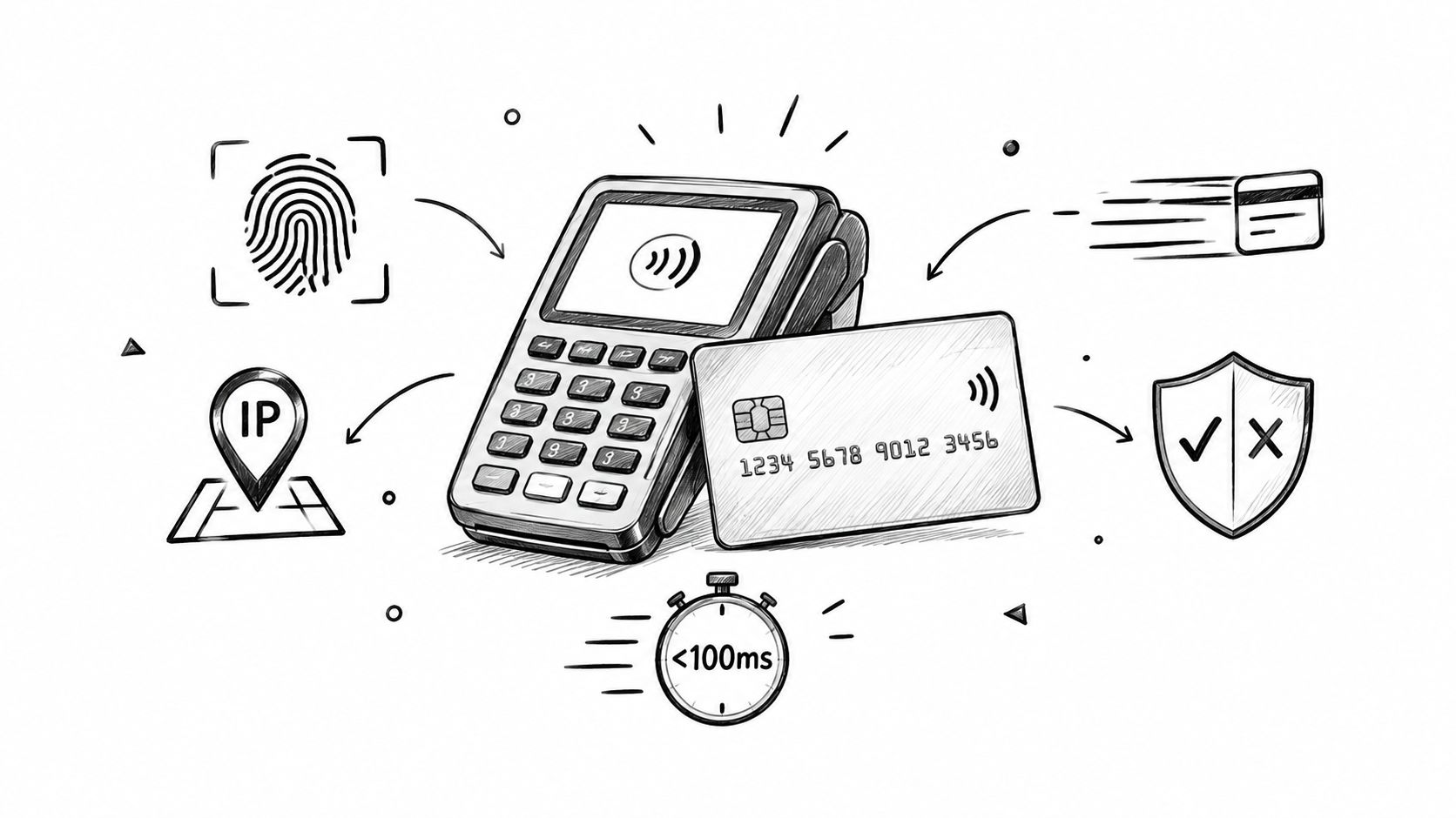 A hand-drawn illustration depicting secure payment terminal technology featuring fingerprint, credit card, and fraud detection symbols.