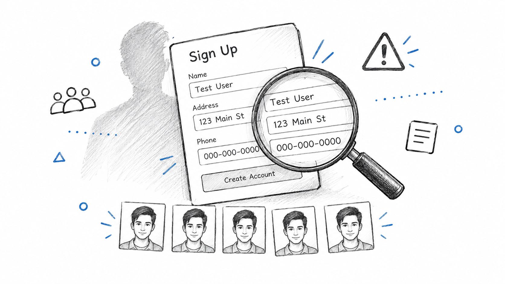 A hand-drawn illustration showing a sign up form being inspected with a magnifying glass for identity verification.