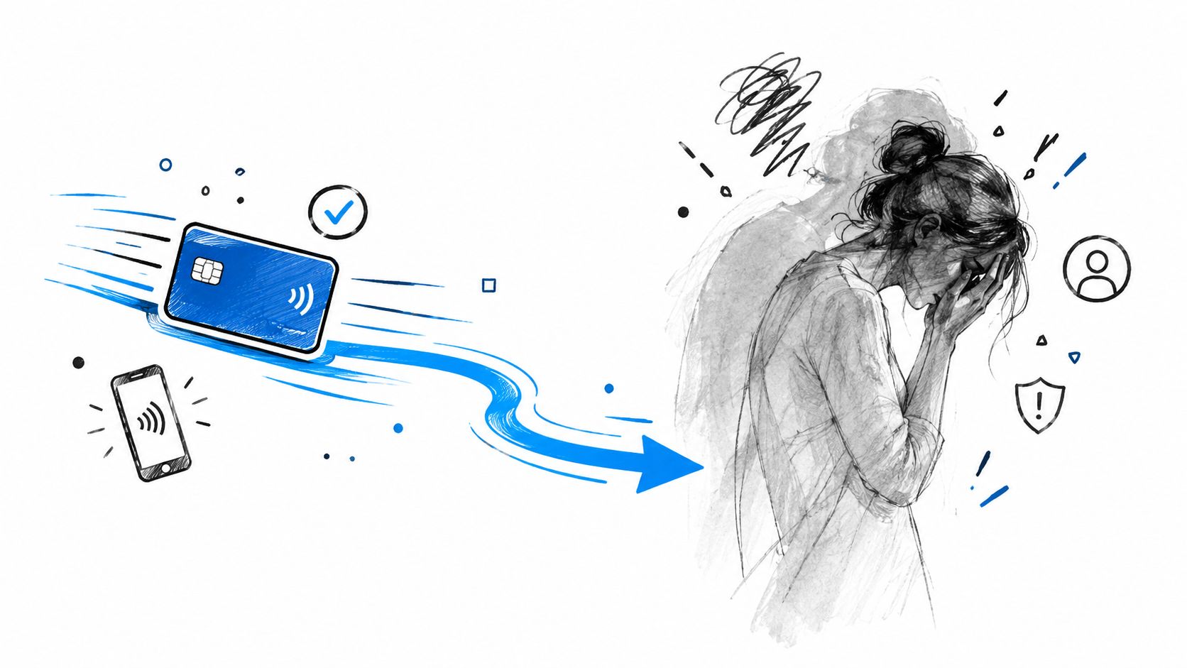 A digital illustration showing a credit card and smartphone causing distress to a stressed woman.