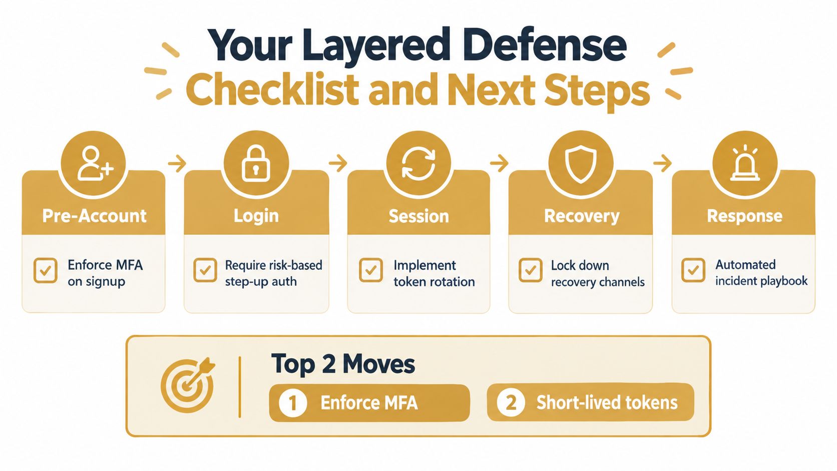 A checklist infographic illustrating a five-step layered defense strategy to prevent account takeover in cybersecurity applications.