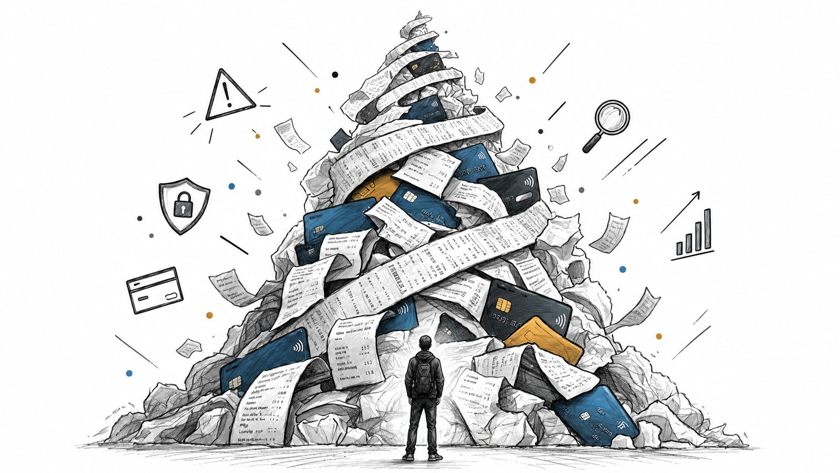 A person standing before a massive pile of credit cards and receipts symbolizing financial complexity.