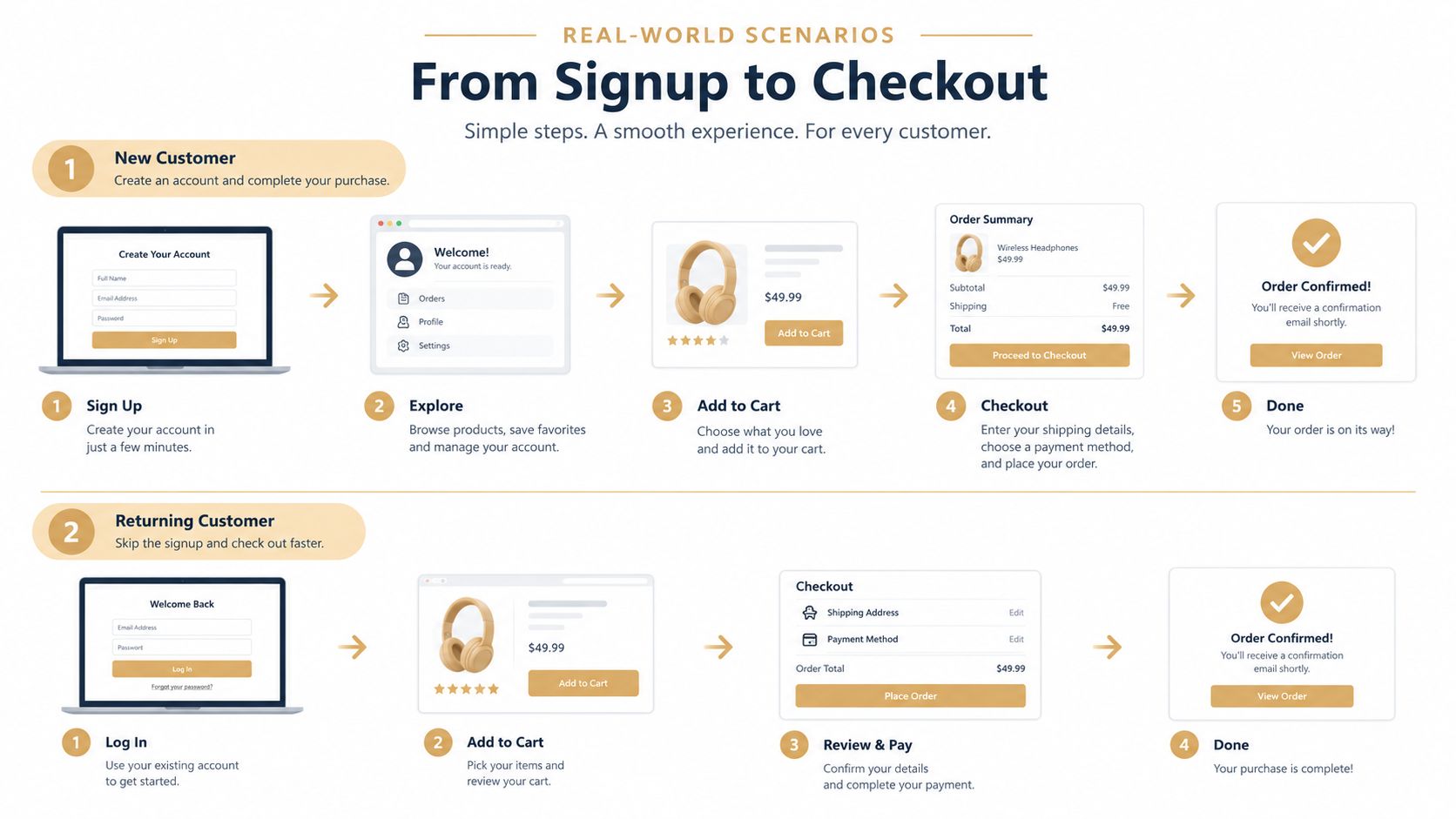 An infographic showing the step-by-step customer journey for new and returning users during online shopping.