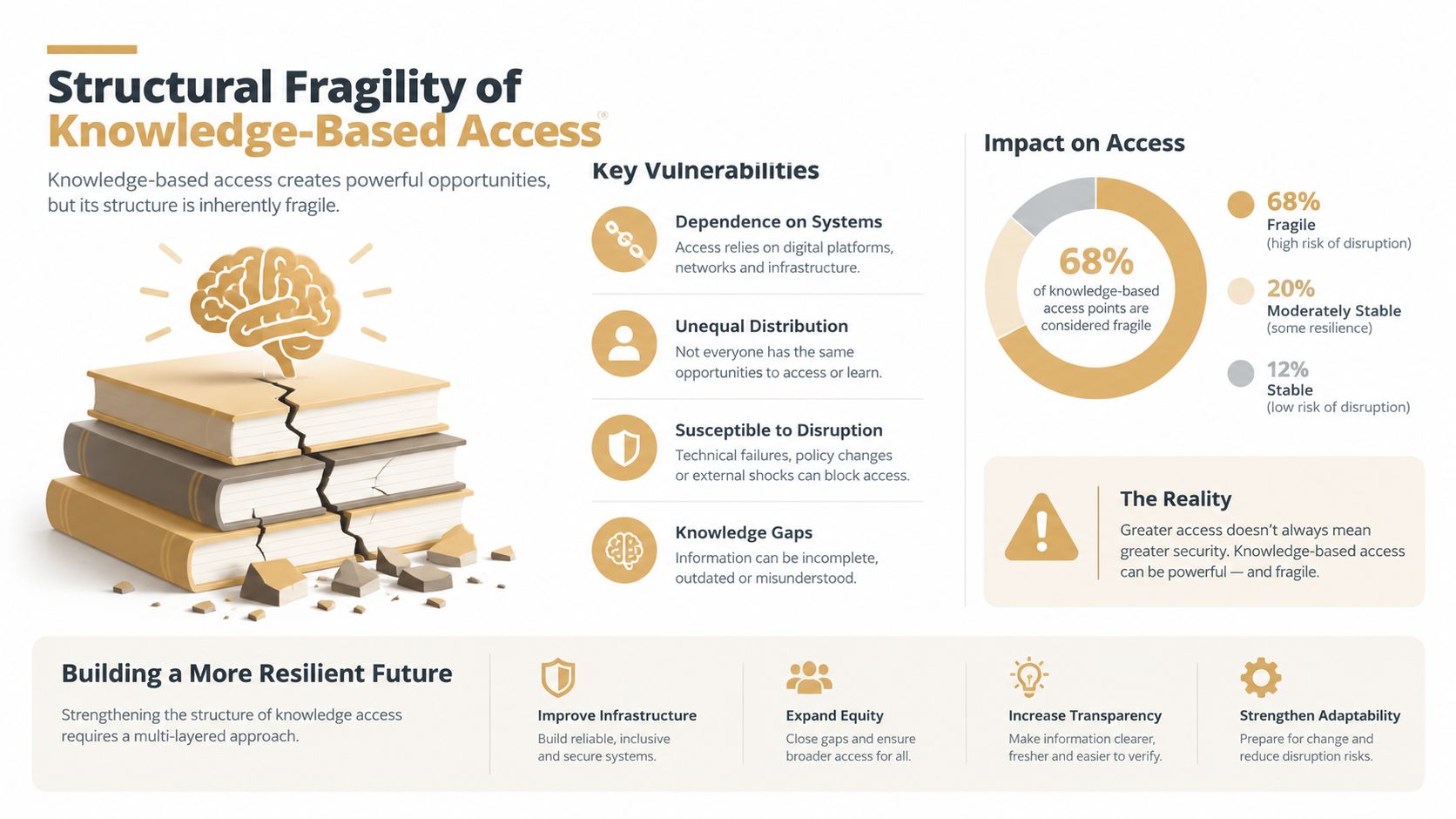 An infographic showing the fragility of knowledge-based access, including vulnerabilities, impact statistics, and strategies for building resilience.