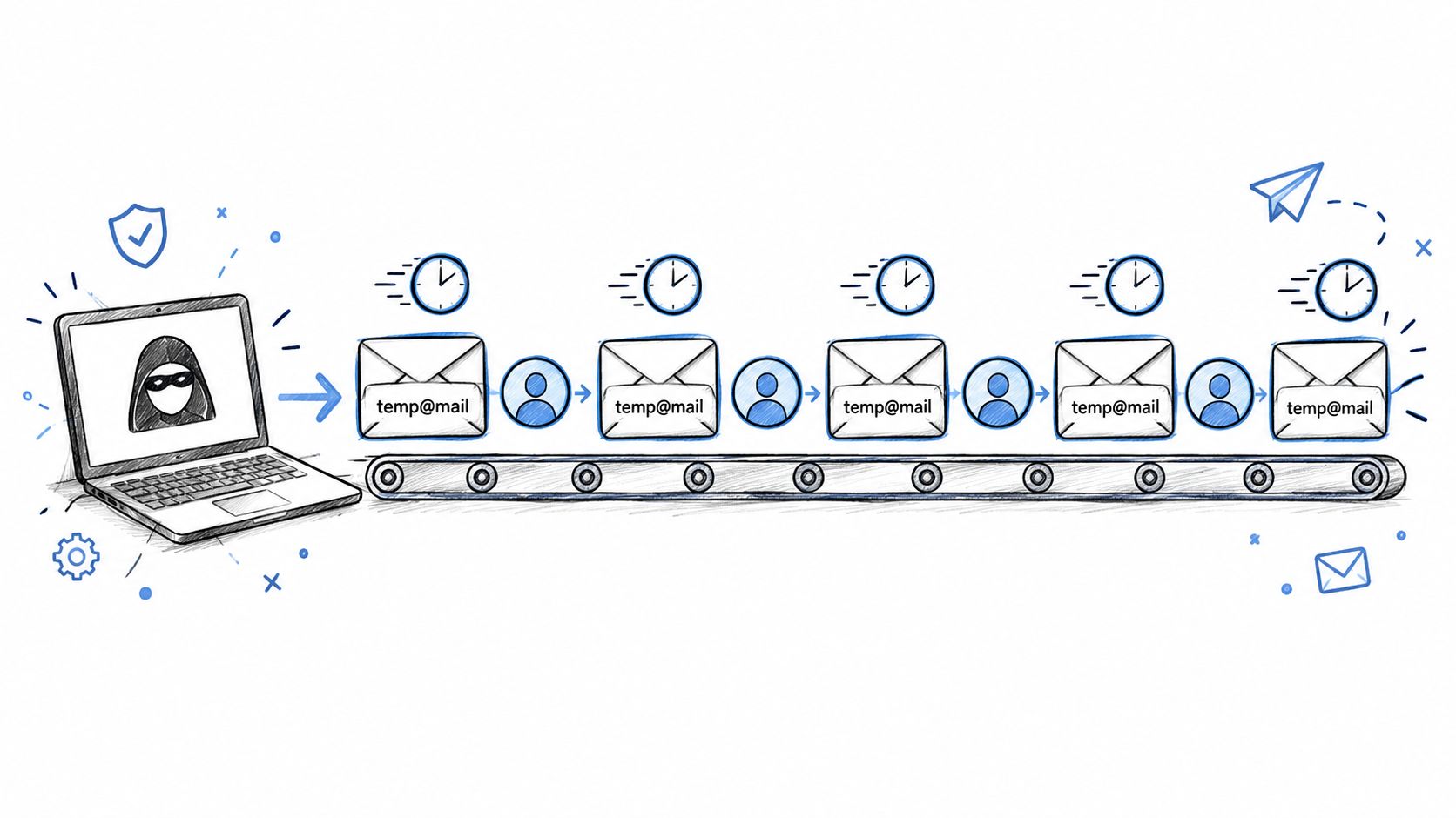A digital illustration showing a masked figure on a laptop sending multiple emails along a conveyor belt.
