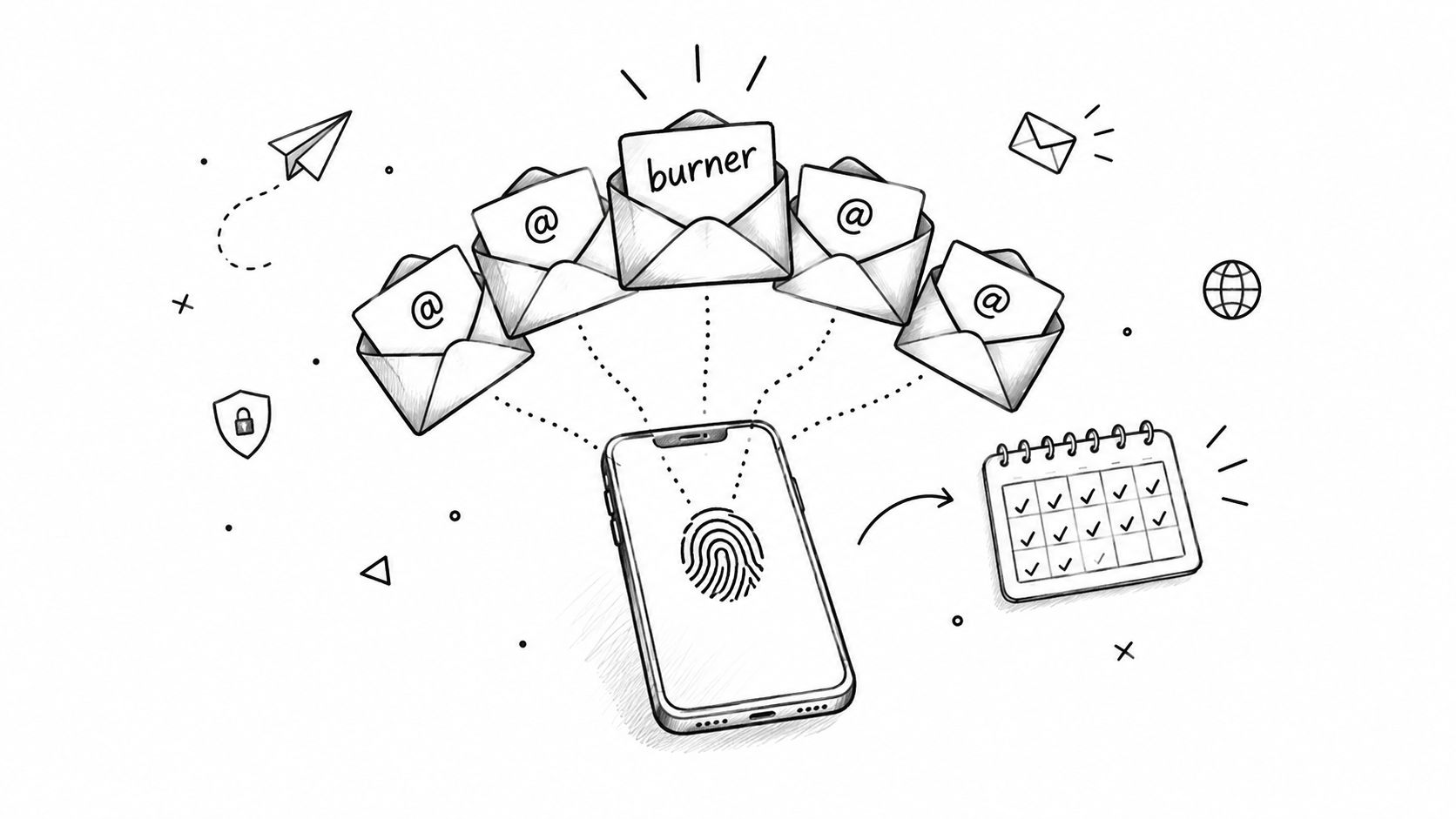 A line art illustration showing a mobile phone with a fingerprint sensor connected to multiple burner email icons.