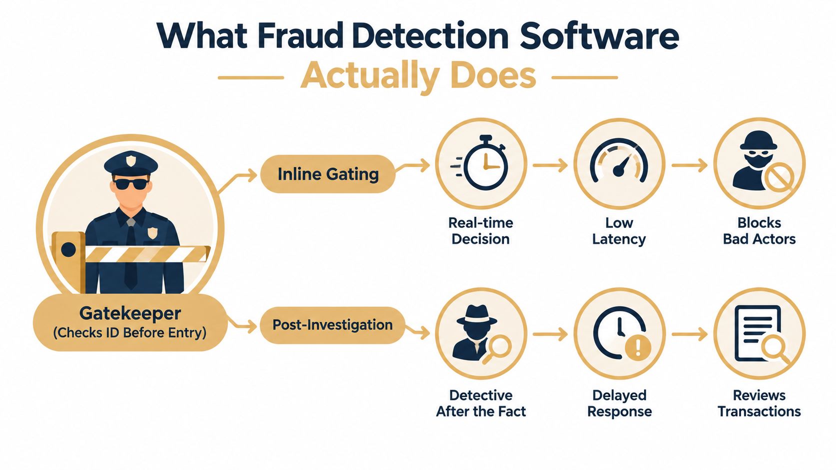 An infographic illustrating how fraud detection software uses inline gating and post-investigation methods to secure transactions.