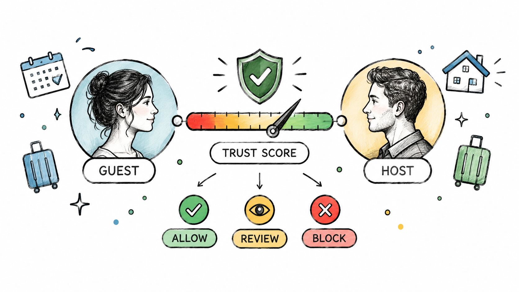A digital illustration showing a trust score gauge between a guest and a host for fraud prevention.