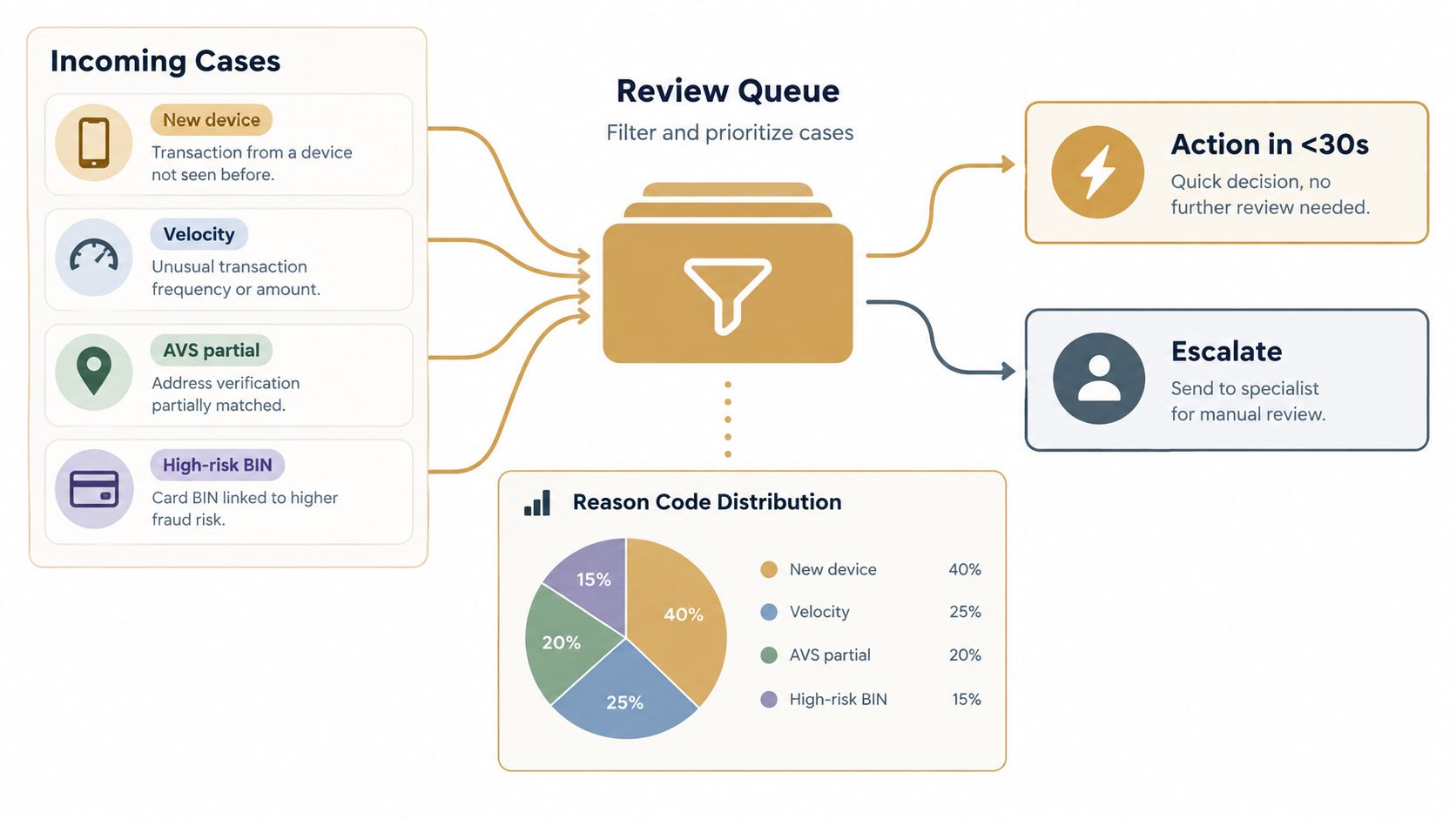 A diagram illustrating a fraud prevention workflow, showing incoming cases processed into a review queue and outcomes.