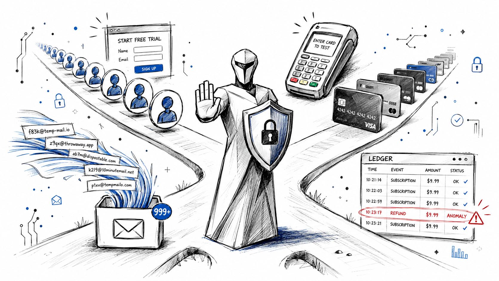 A conceptual illustration of cybersecurity software stopping automated fraudulent activities like fake email signups and payment testing.