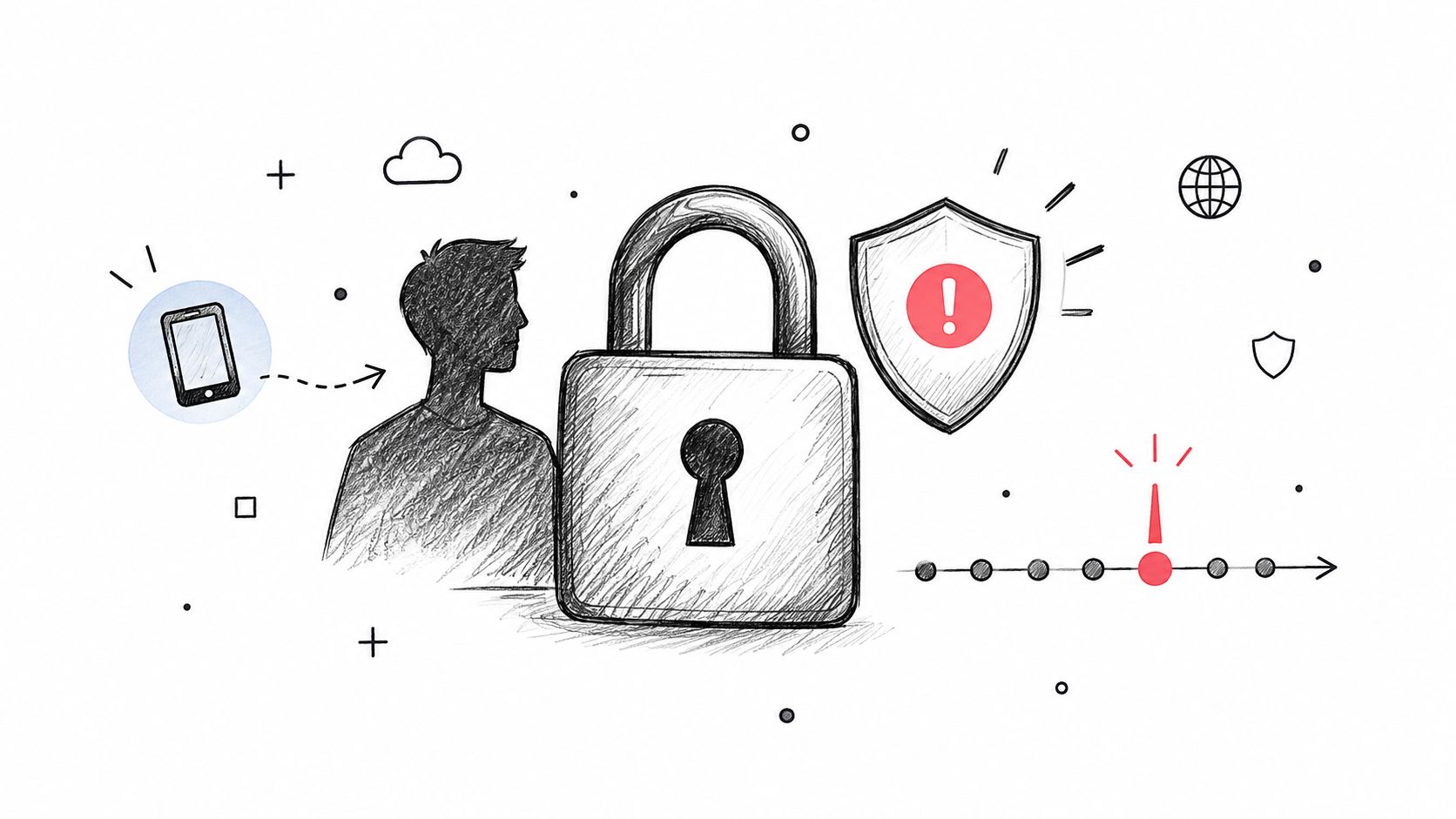 A hand-drawn illustration showing a person, a smartphone, a padlock, a shield, and a timeline indicator.