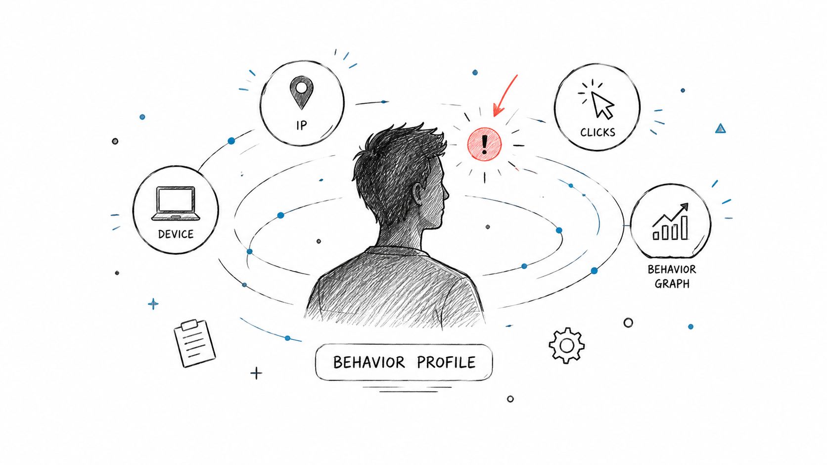 A hand-drawn illustration showing a person surrounded by icons representing device, IP address, clicks, and behavior graph.
