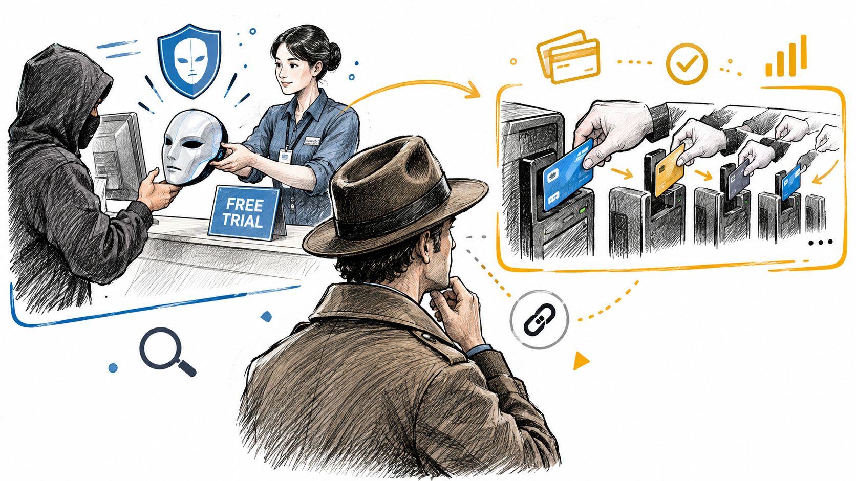 A detective analyzing the digital trail of payment fraud involving masks, credit cards, and secure transaction terminals.