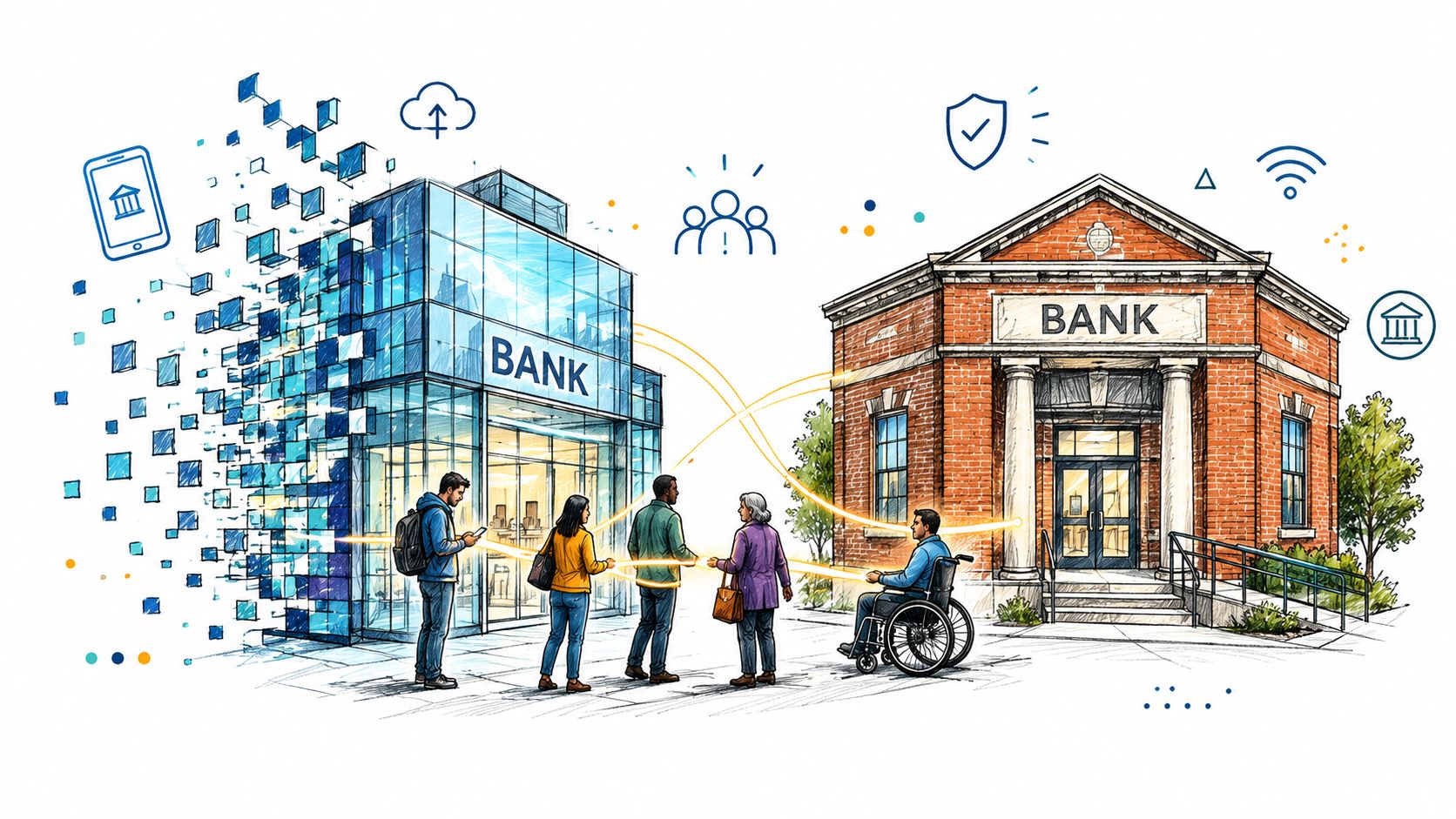 A conceptual illustration showing a digital bank building connected to a traditional brick-and-mortar bank branch.