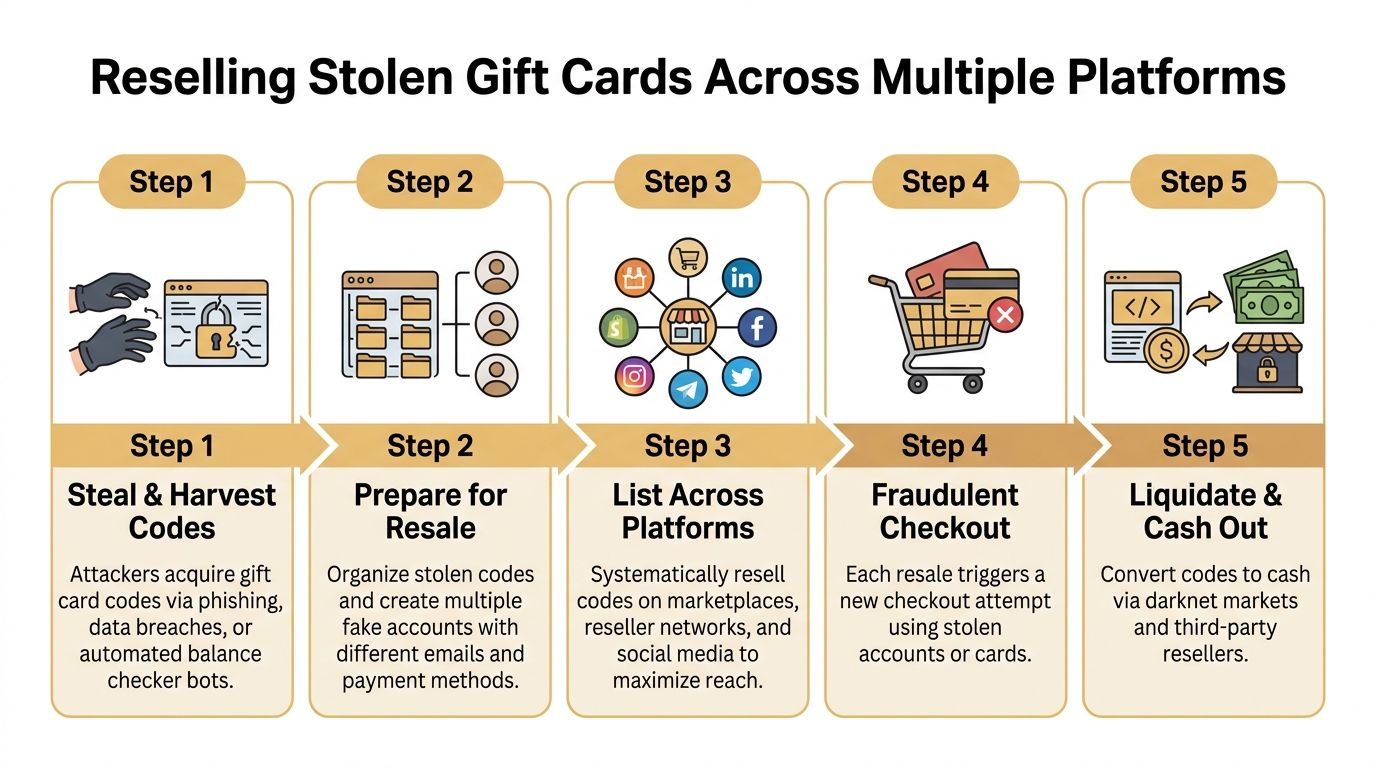 An infographic detailing the five steps of a stolen gift card reselling and fraud process.