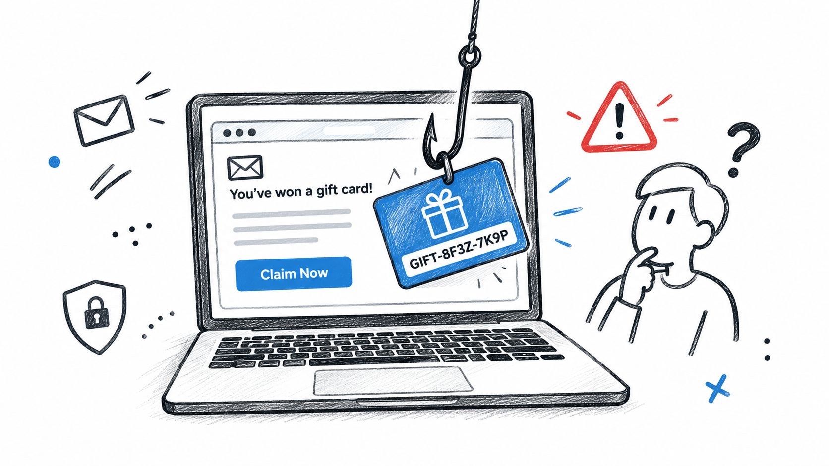 A hand-drawn illustration depicting a laptop computer being targeted by a fishing hook representing online scams.