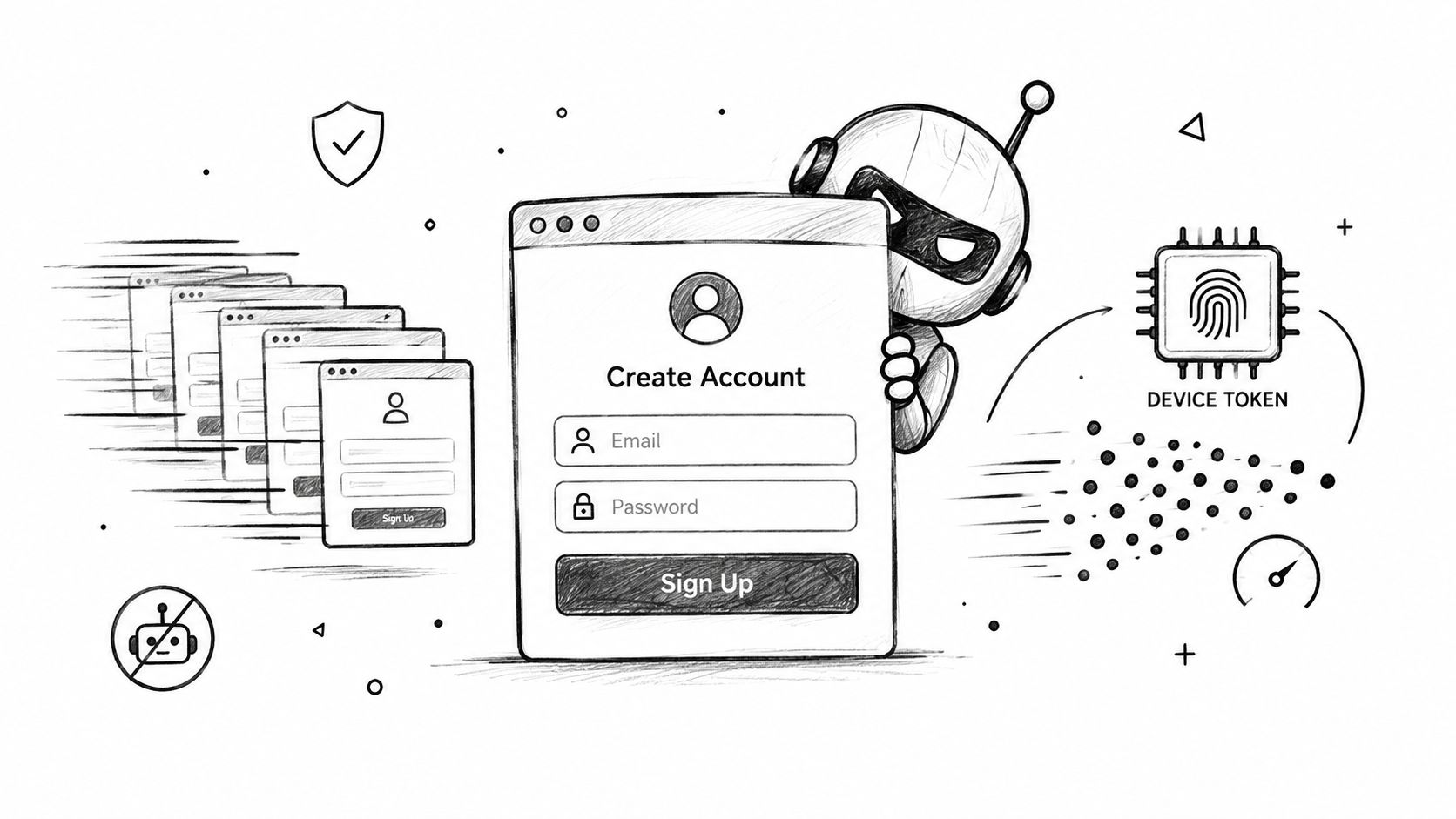 A sketched illustration of a bot creating multiple accounts while being blocked by device token security technology.