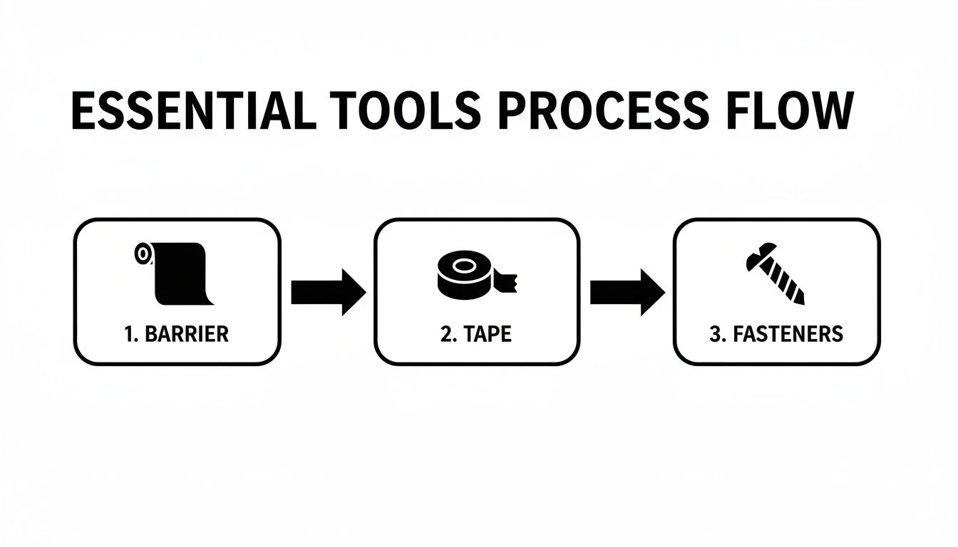 A black and white flowchart showing essential tools for installation: barrier, tape, and fasteners.