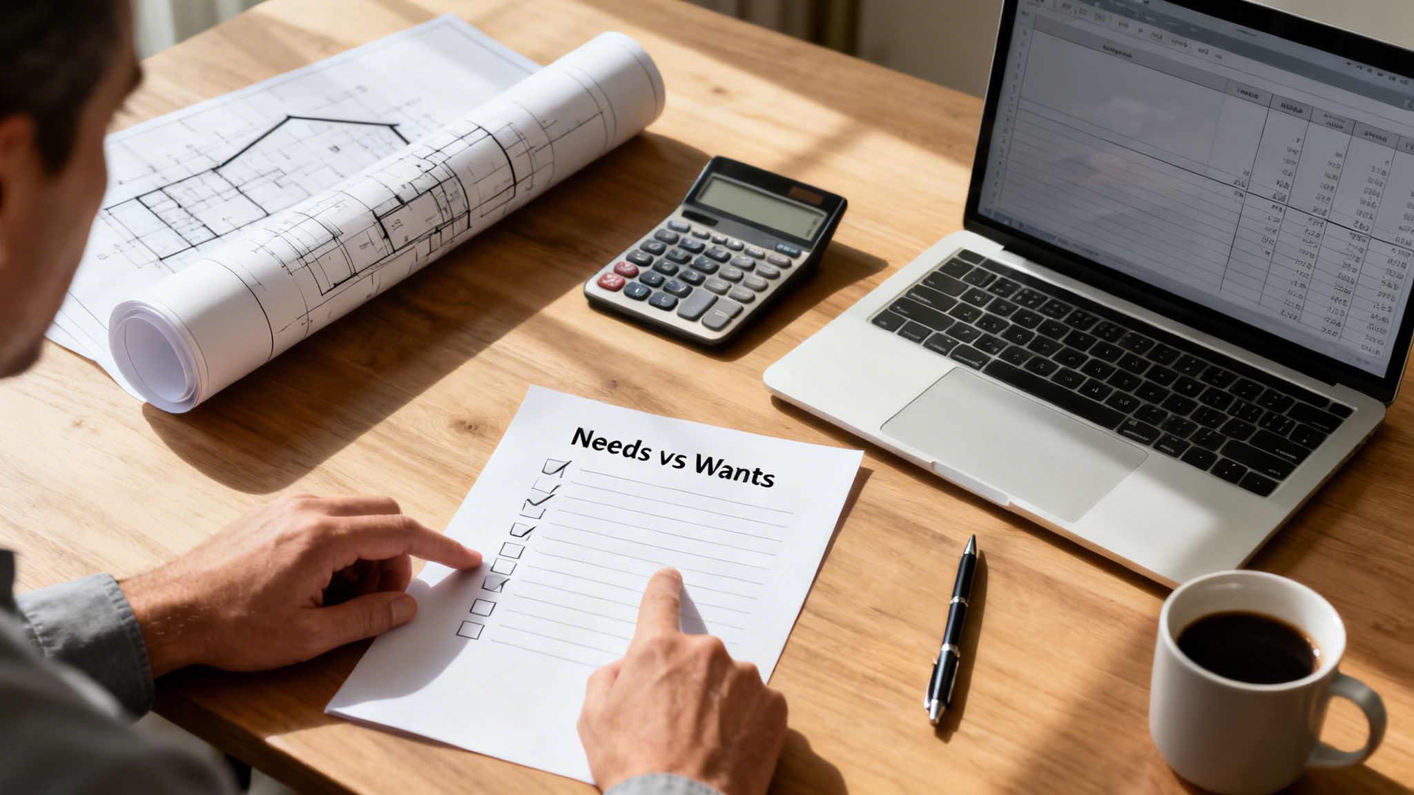 Man planning custom home finances, reviewing a 'Needs vs Wants' checklist with blueprints and a laptop.
