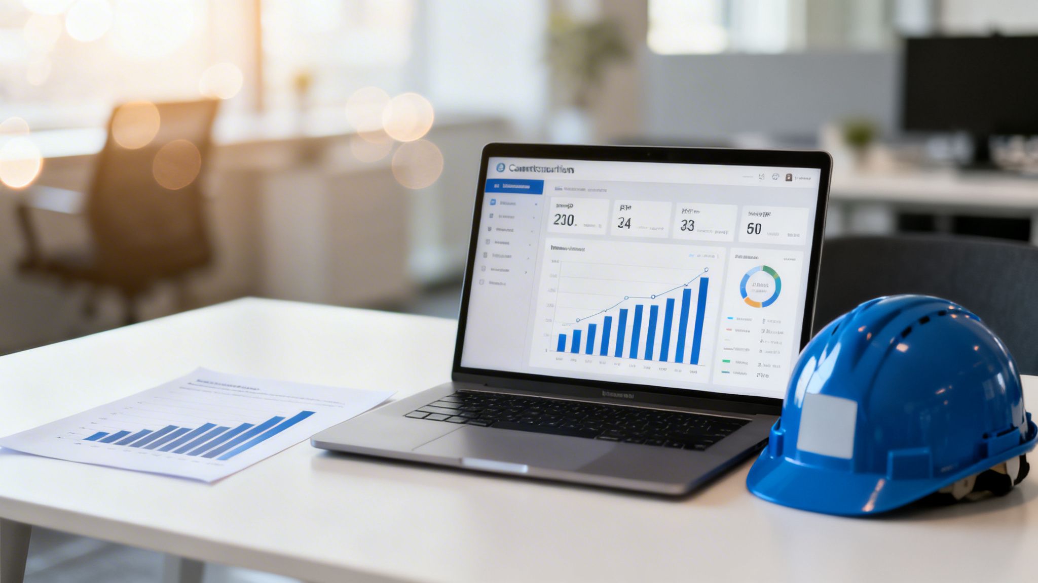 A laptop displays construction project management data and charts next to a blue hard hat.