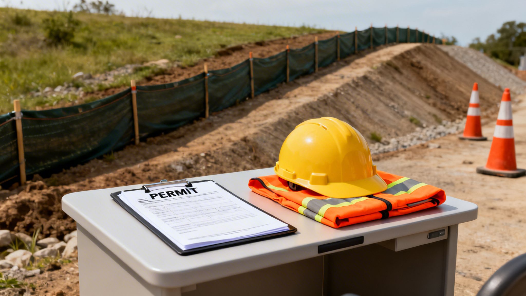 Essential safety gear and permit on a table at a construction site with dirt slopes and safety fences.