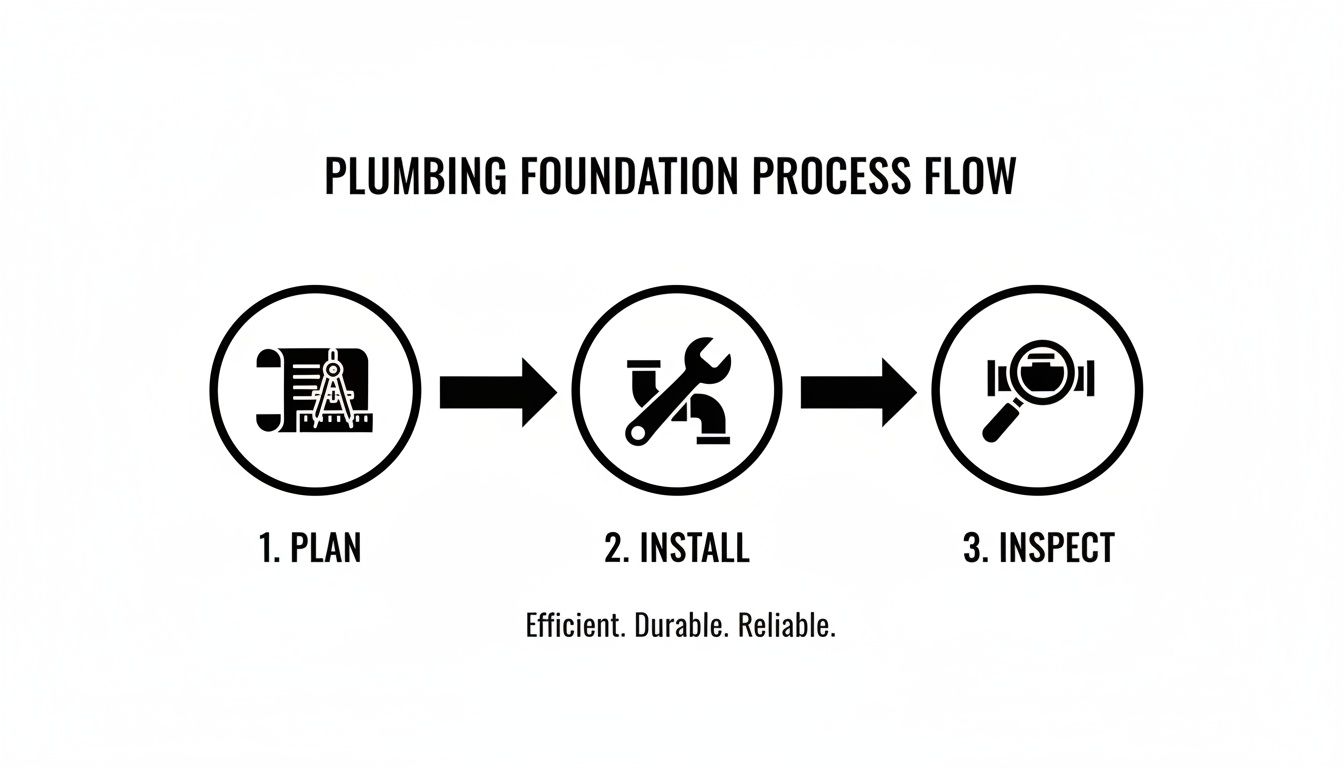 Infographic showing the plumbing foundation process flow with three steps: plan, install, and inspect.