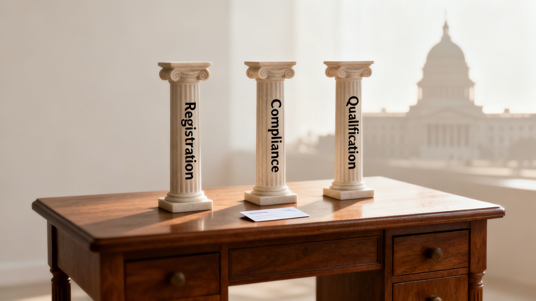 Three pillars labeled Registration, Compliance, and Qualification on a desk with the US Capitol in background.