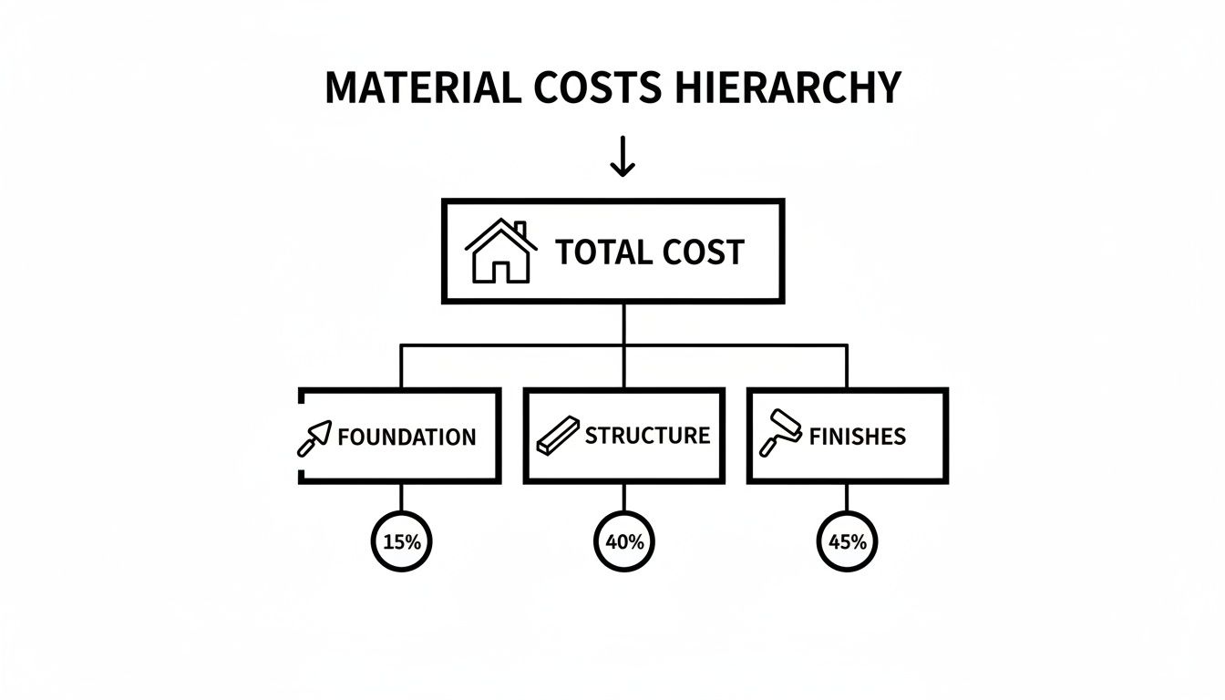 Hierarchy chart illustrating material cost breakdown for house construction: foundation, structure, and finishes percentages.