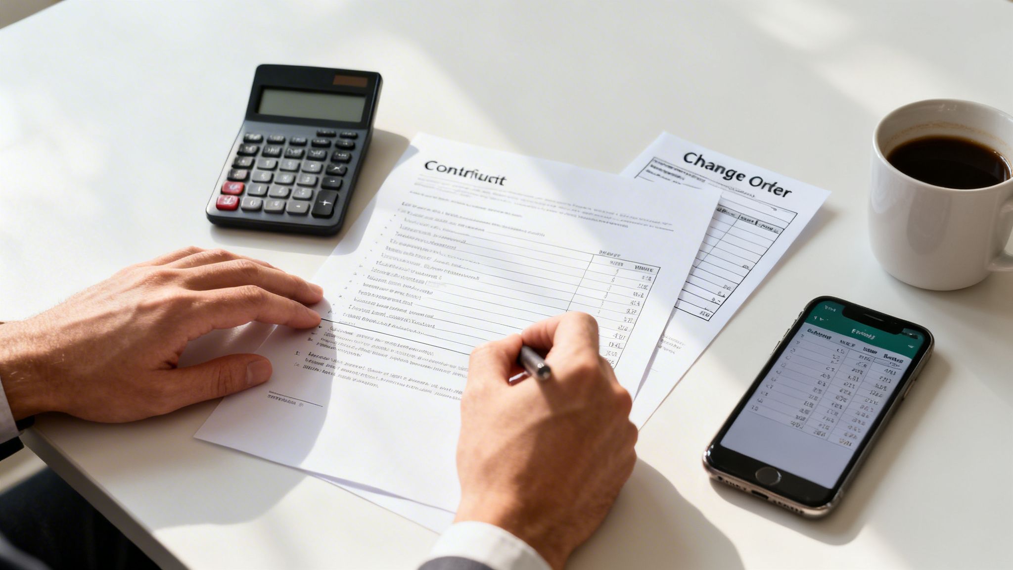 A person's hands signing a business contract on a desk with a calculator and phone.