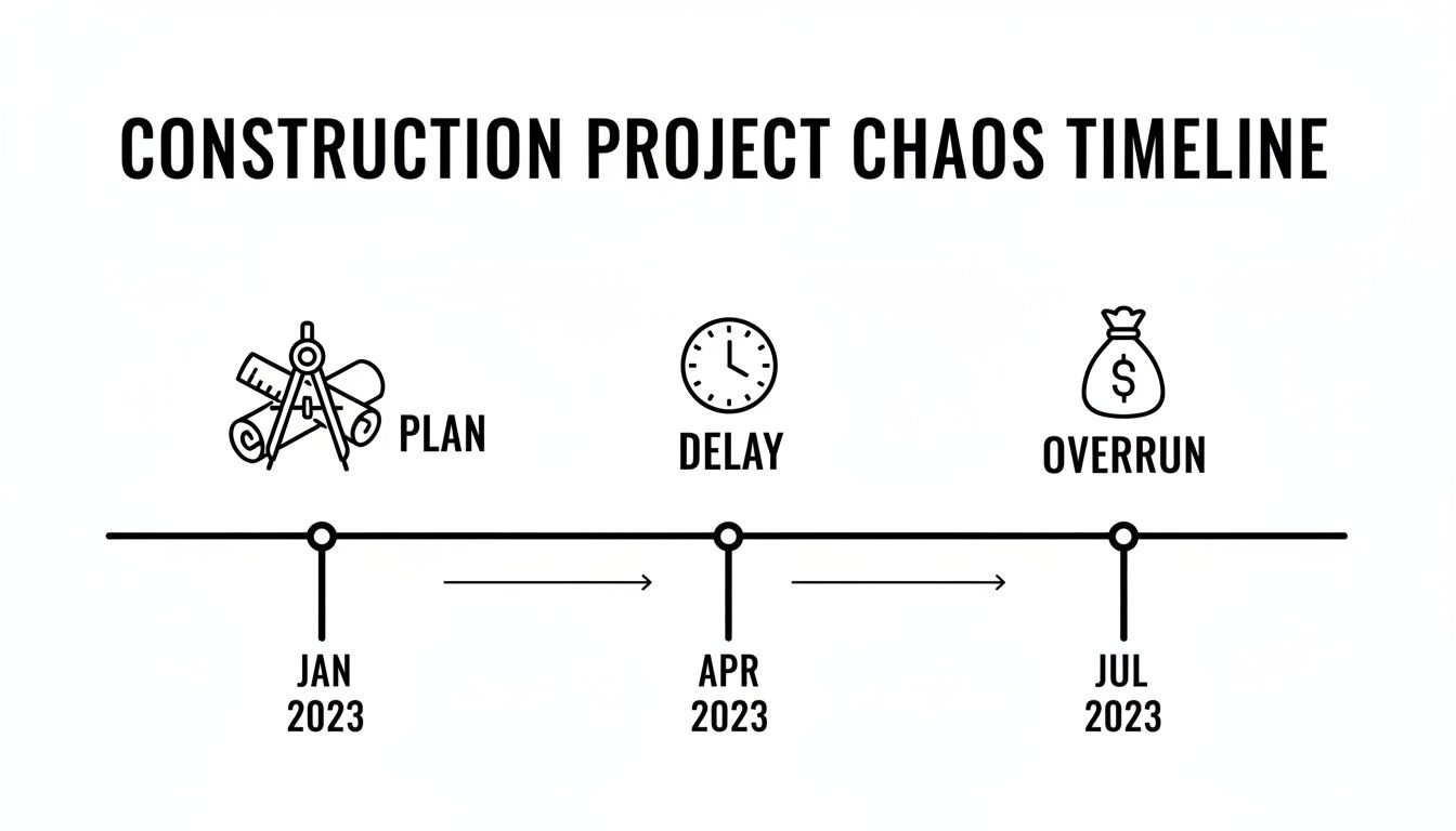 A timeline illustrating the typical chaos of a construction project, showing plan, delay, and cost overrun phases.