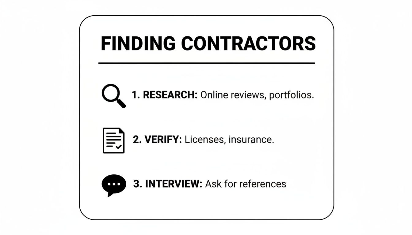 A step-by-step guide for finding contractors, covering research, verification, and interviewing.