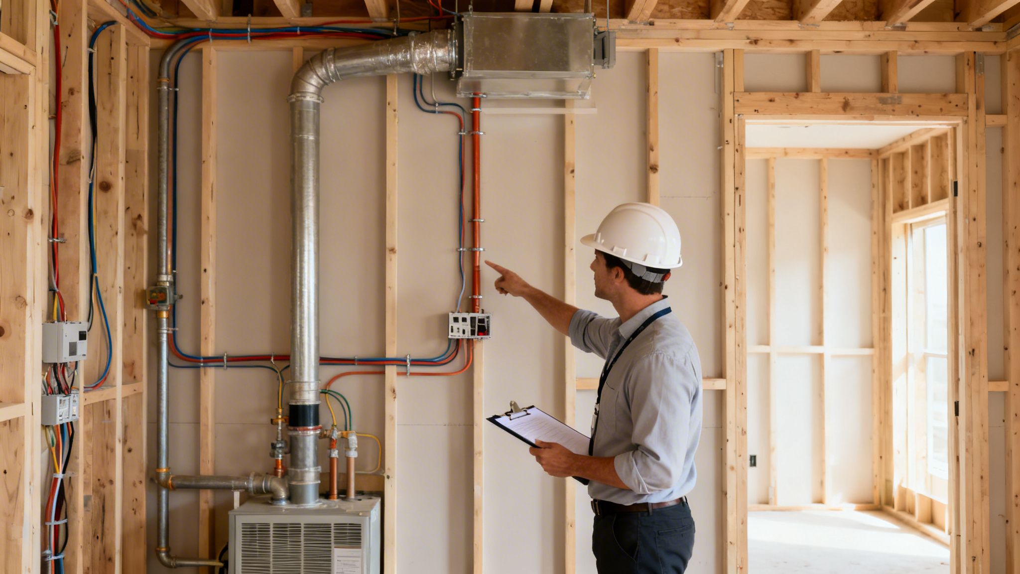 An inspector reviews a new home's rough-in plumbing and electrical systems during construction.